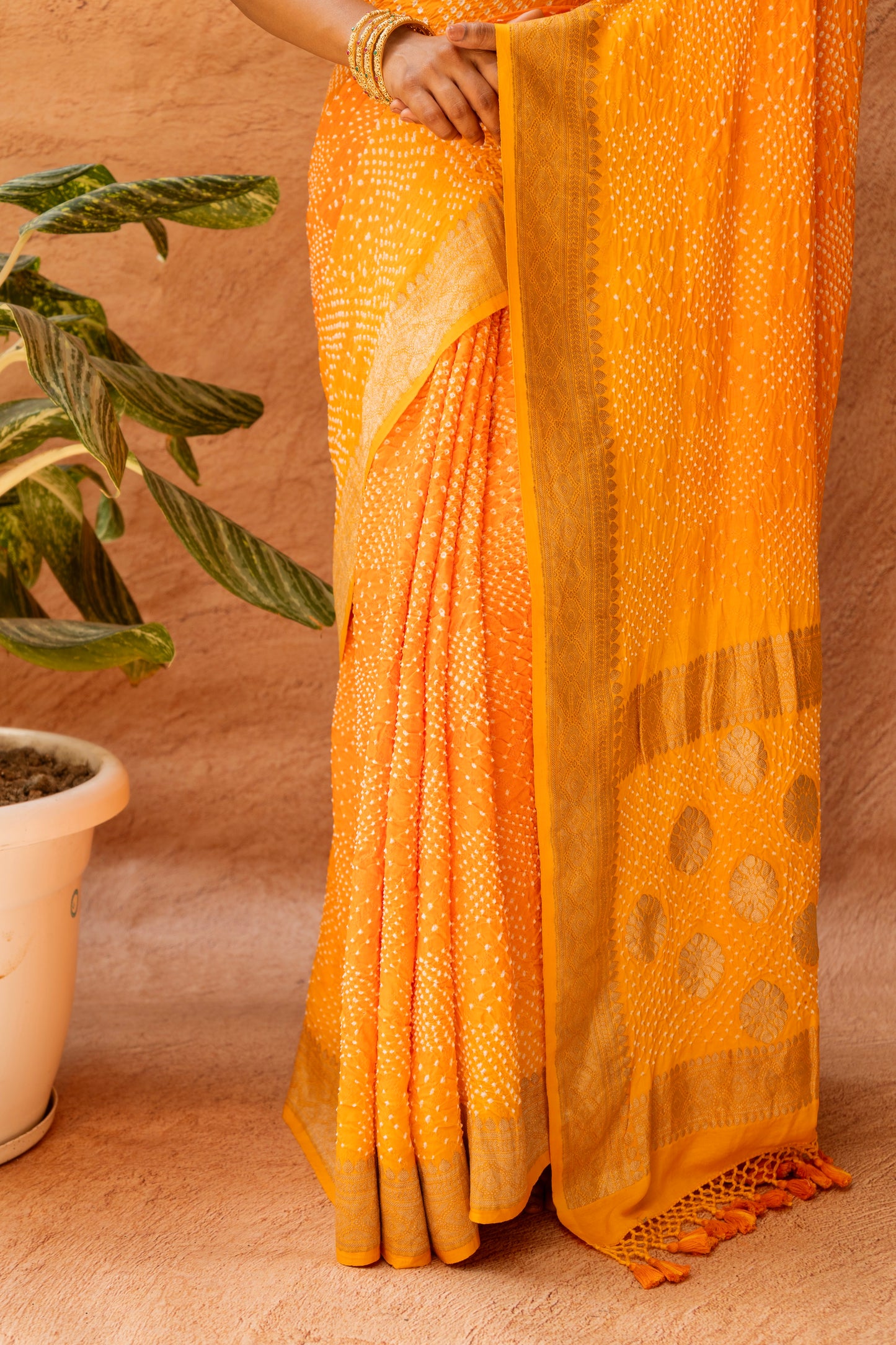 Ombre Yellow-Orange Satin Silk Kadhua Border Bandhej Saree