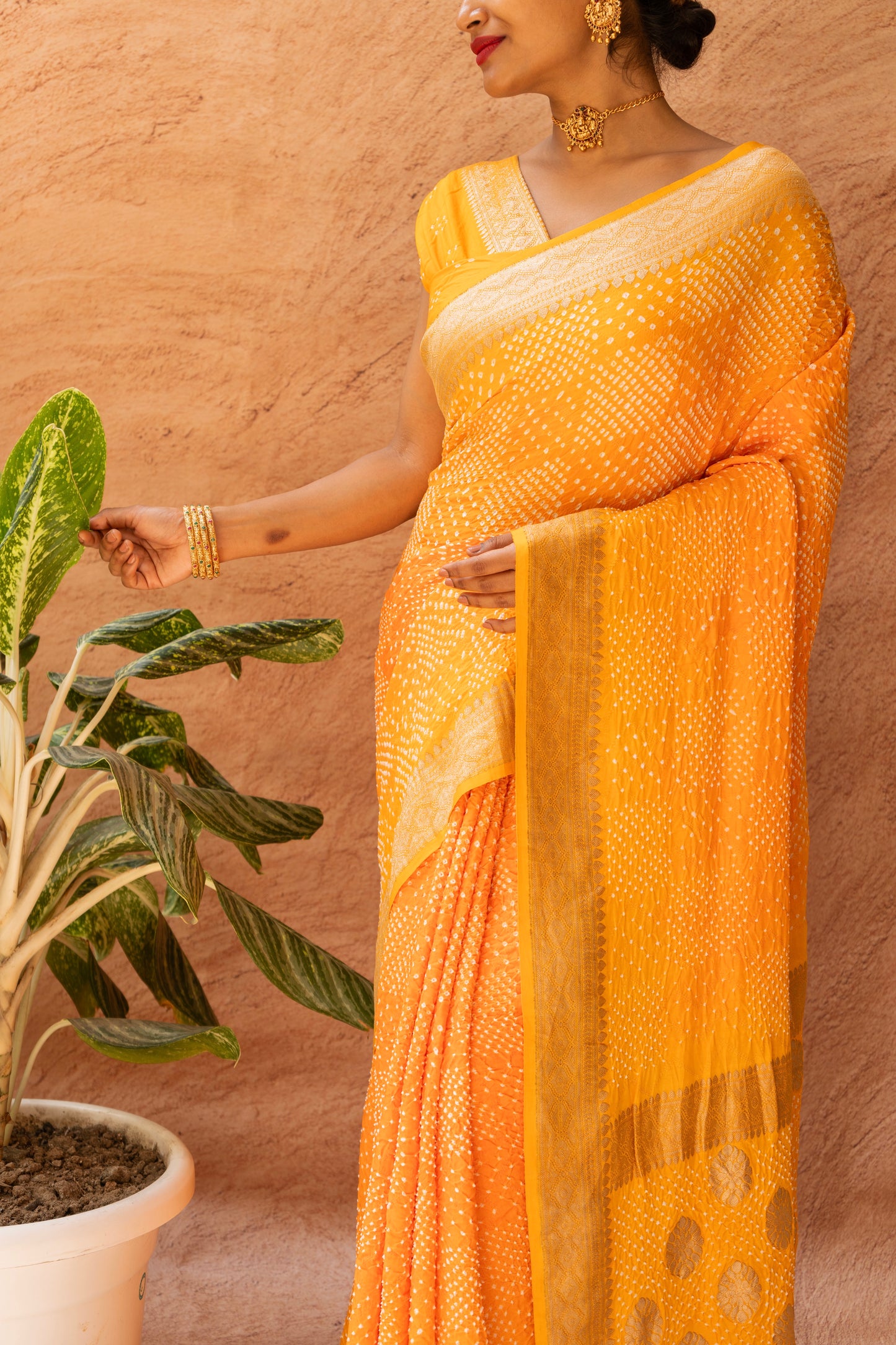 Ombre Yellow-Orange Satin Silk Kadhua Border Bandhej Saree