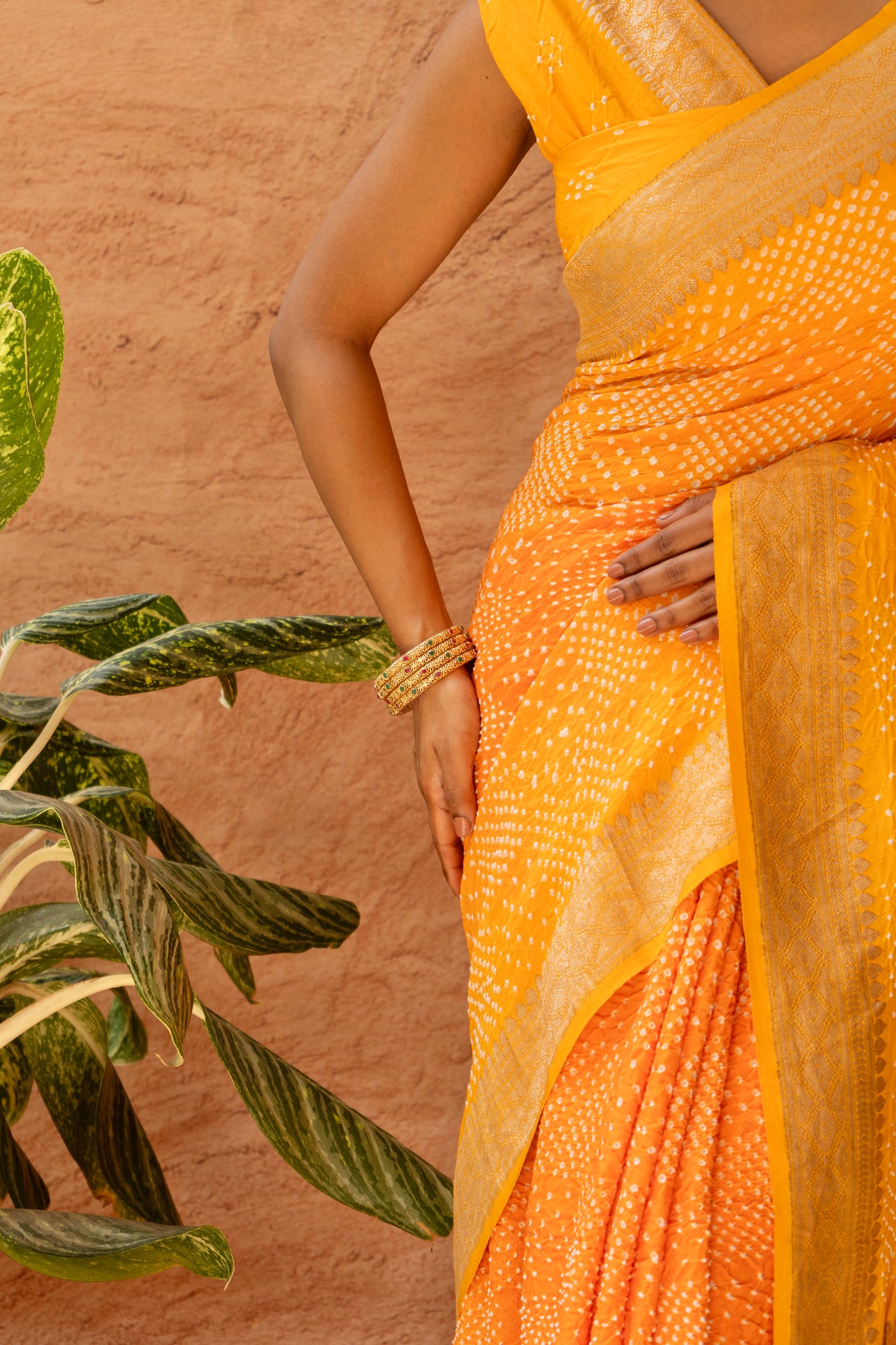 Ombre Yellow-Orange Satin Silk Kadhua Border Bandhej Saree