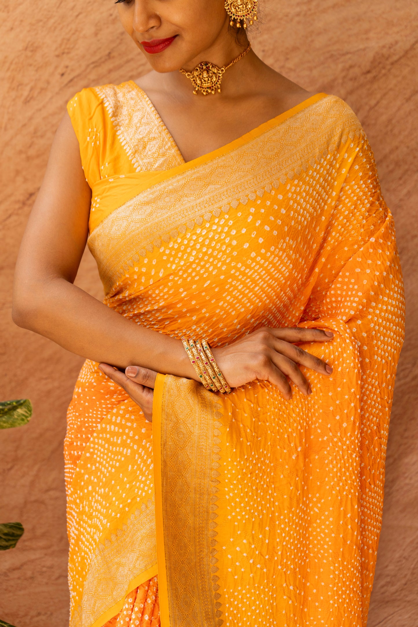 Ombre Yellow-Orange Satin Silk Kadhua Border Bandhej Saree