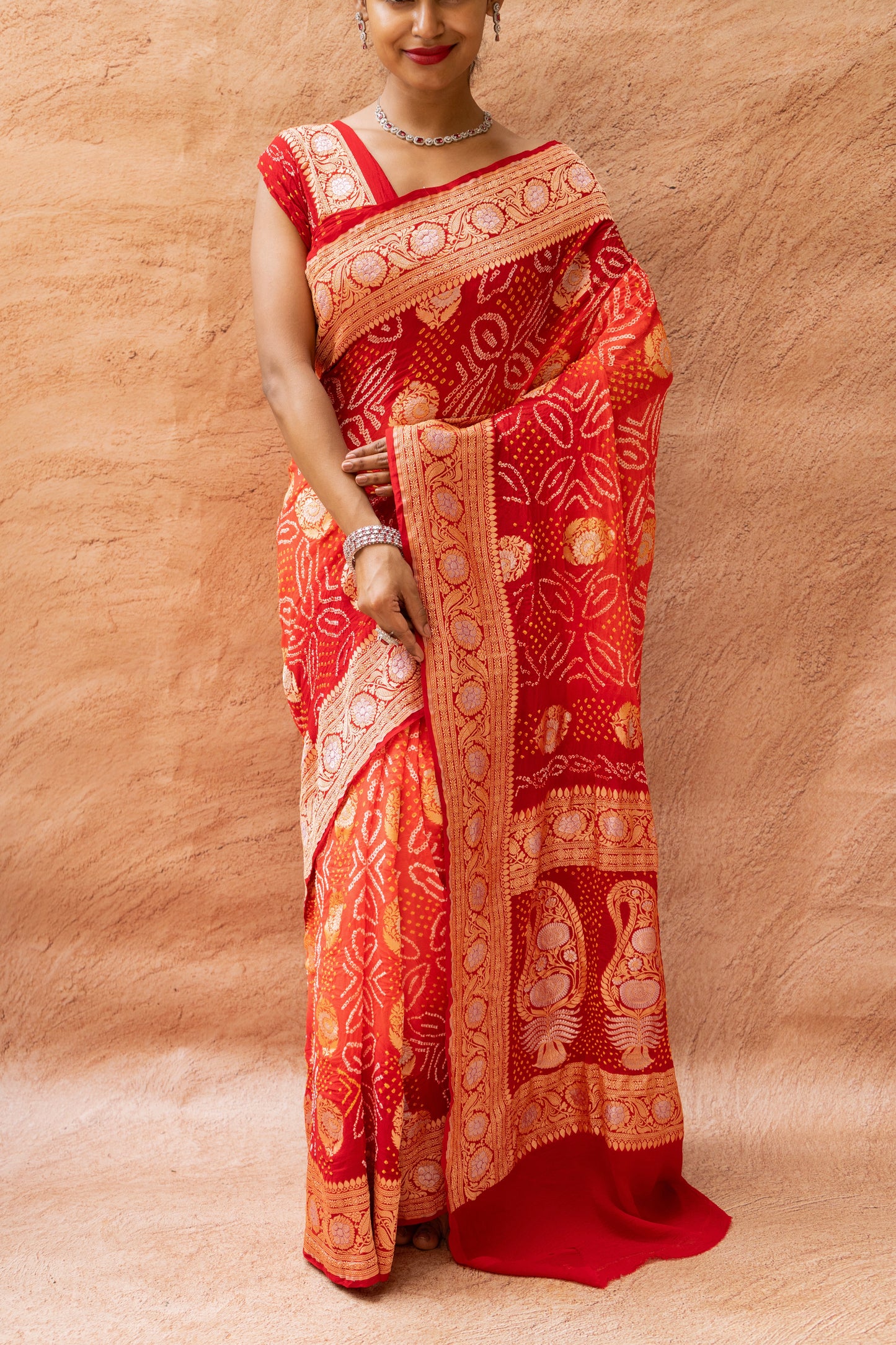 Georgette Sona Rupa Boota Bandhej Red-Orange Saree