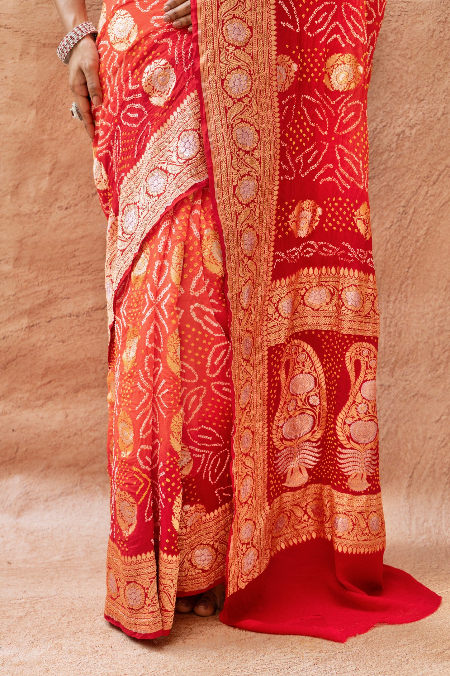 Georgette Sona Rupa Boota Bandhej Red-Orange Saree