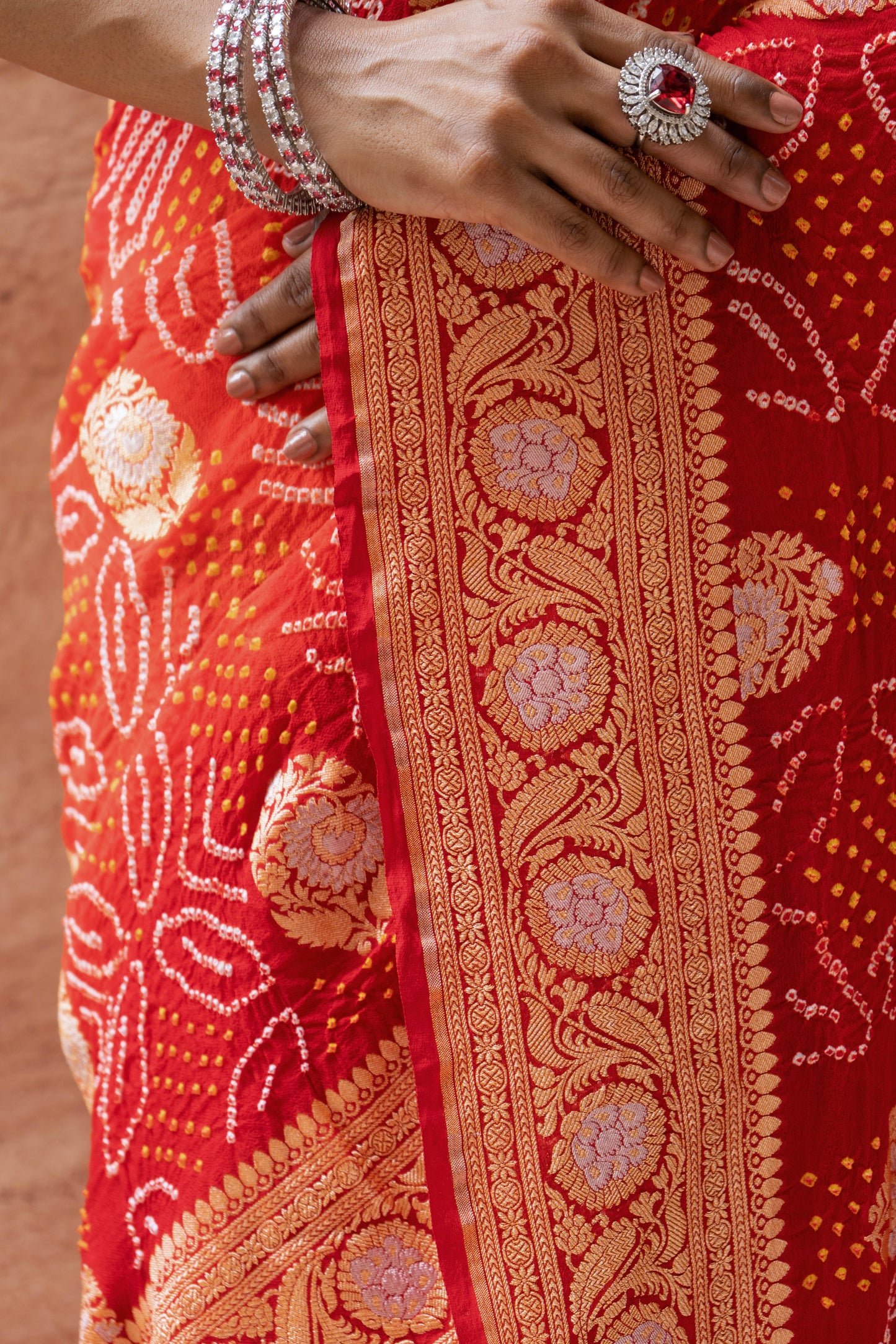 Georgette Sona Rupa Boota Bandhej Red-Orange Saree