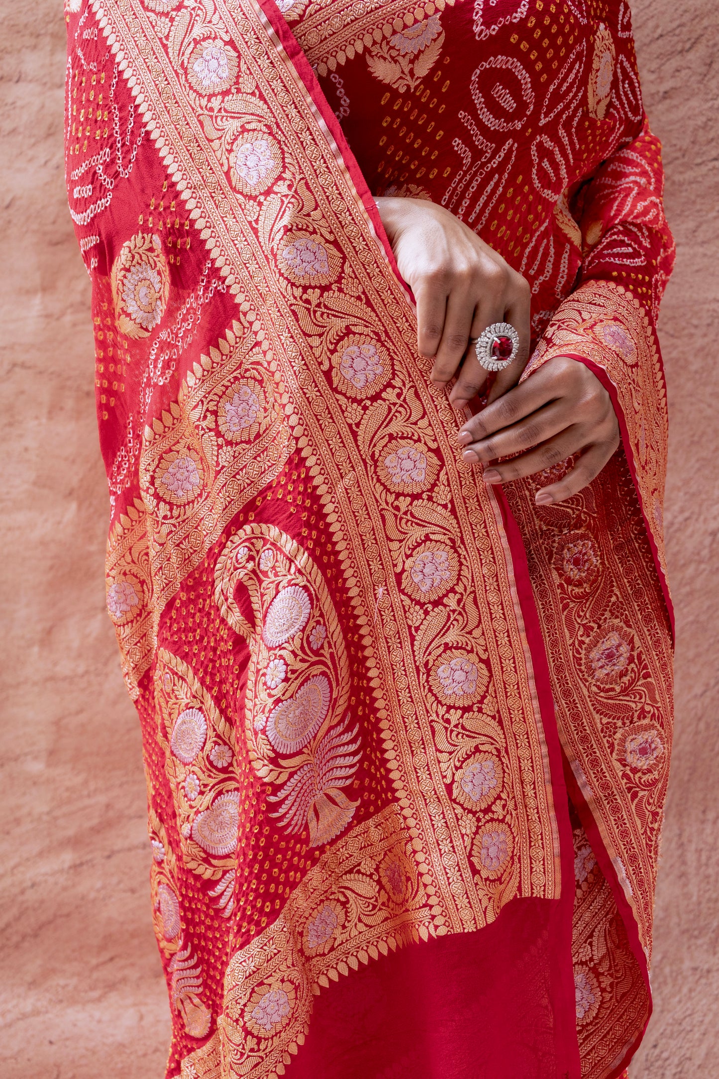 Georgette Sona Rupa Boota Bandhej Red-Orange Saree