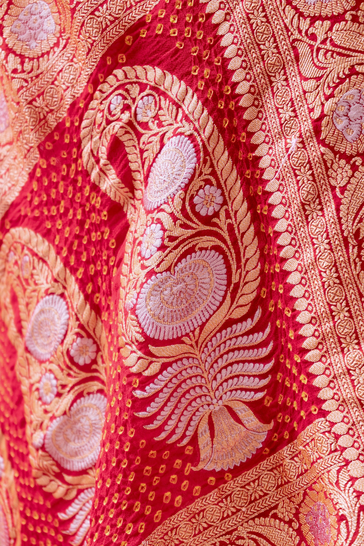 Georgette Sona Rupa Boota Bandhej Red-Orange Saree