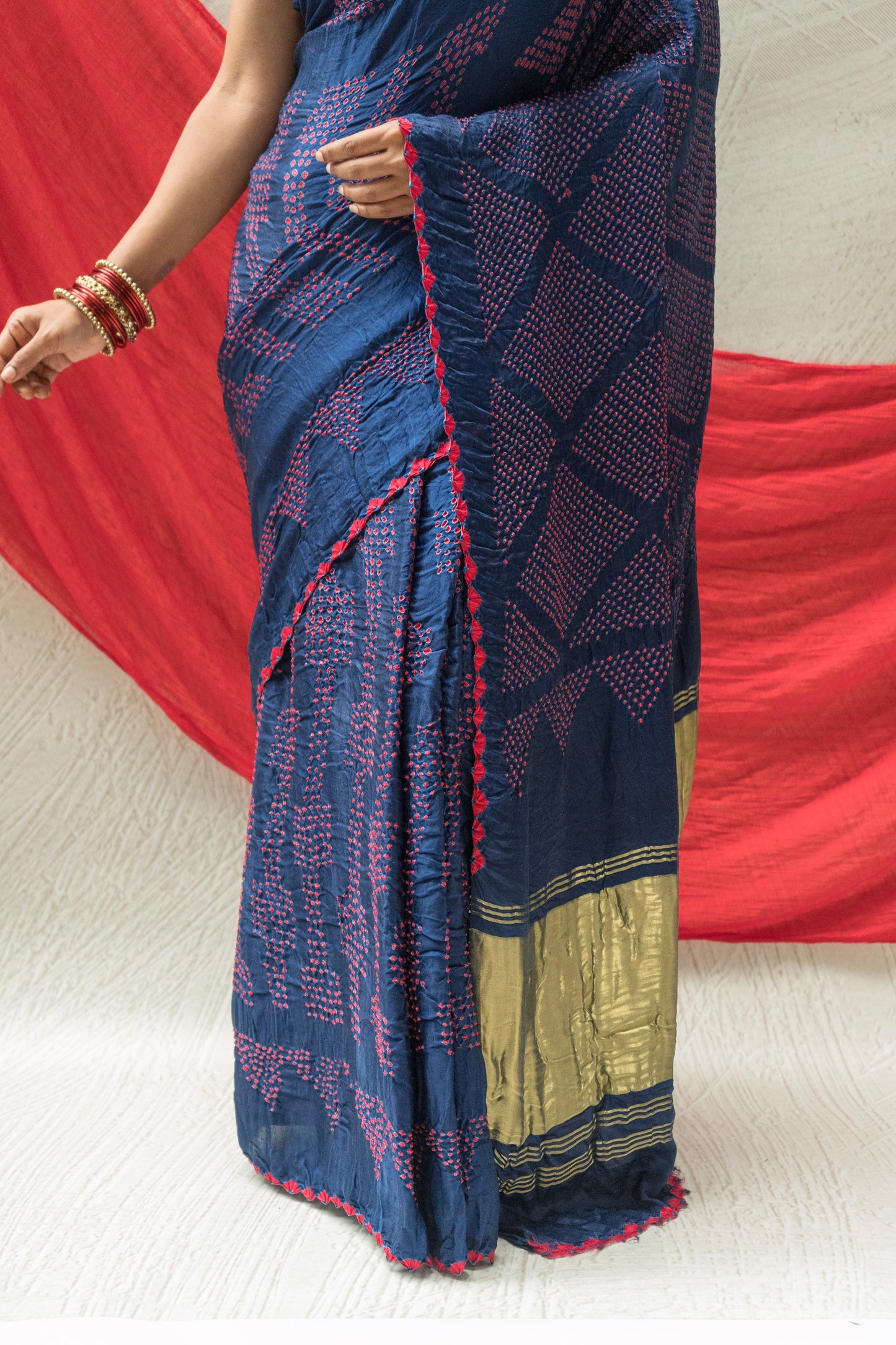 Gajji Red Rai Dana Blue Bandhej Saree