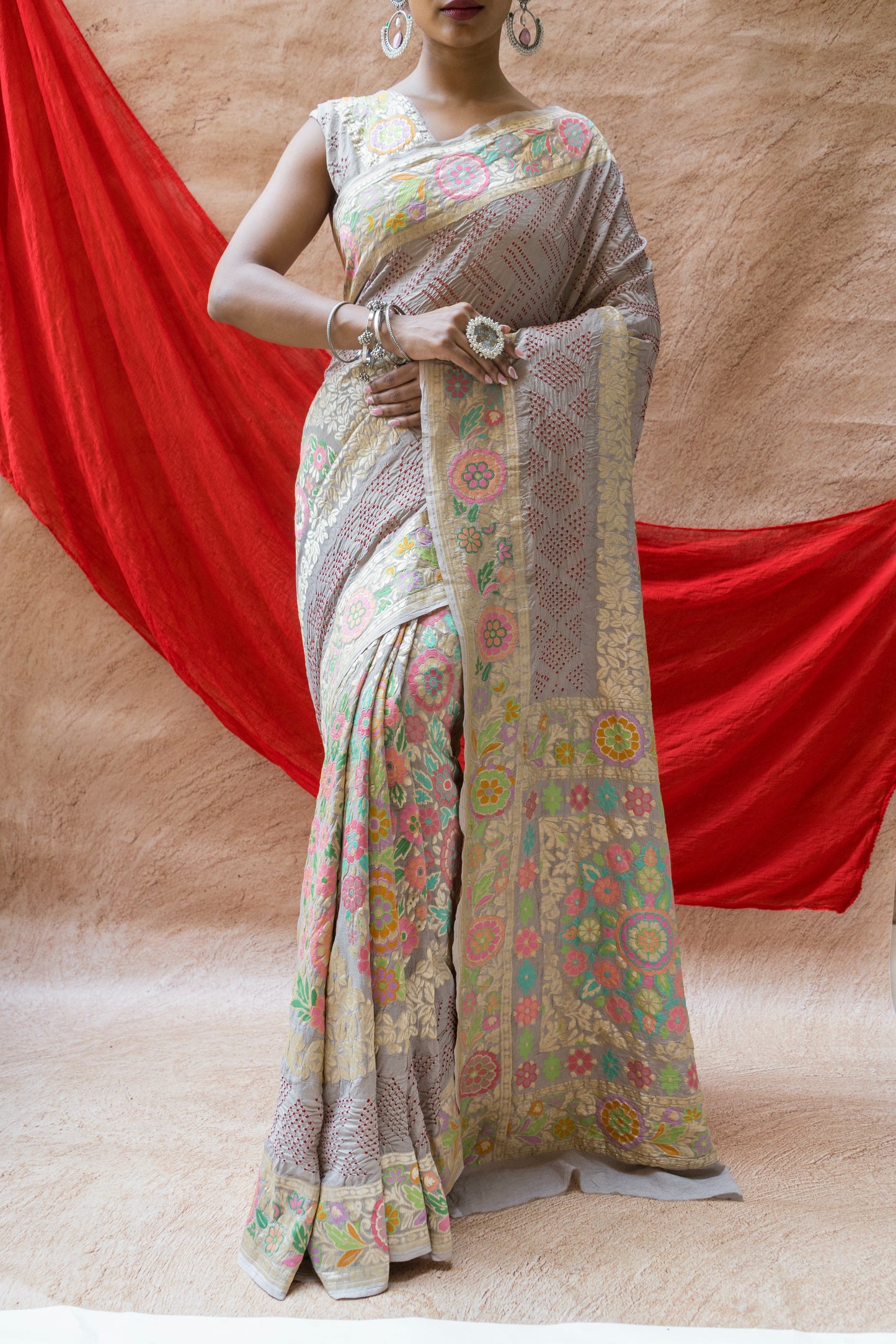 Georgette Mehrab Rai Dana Grey Bandhej Saree