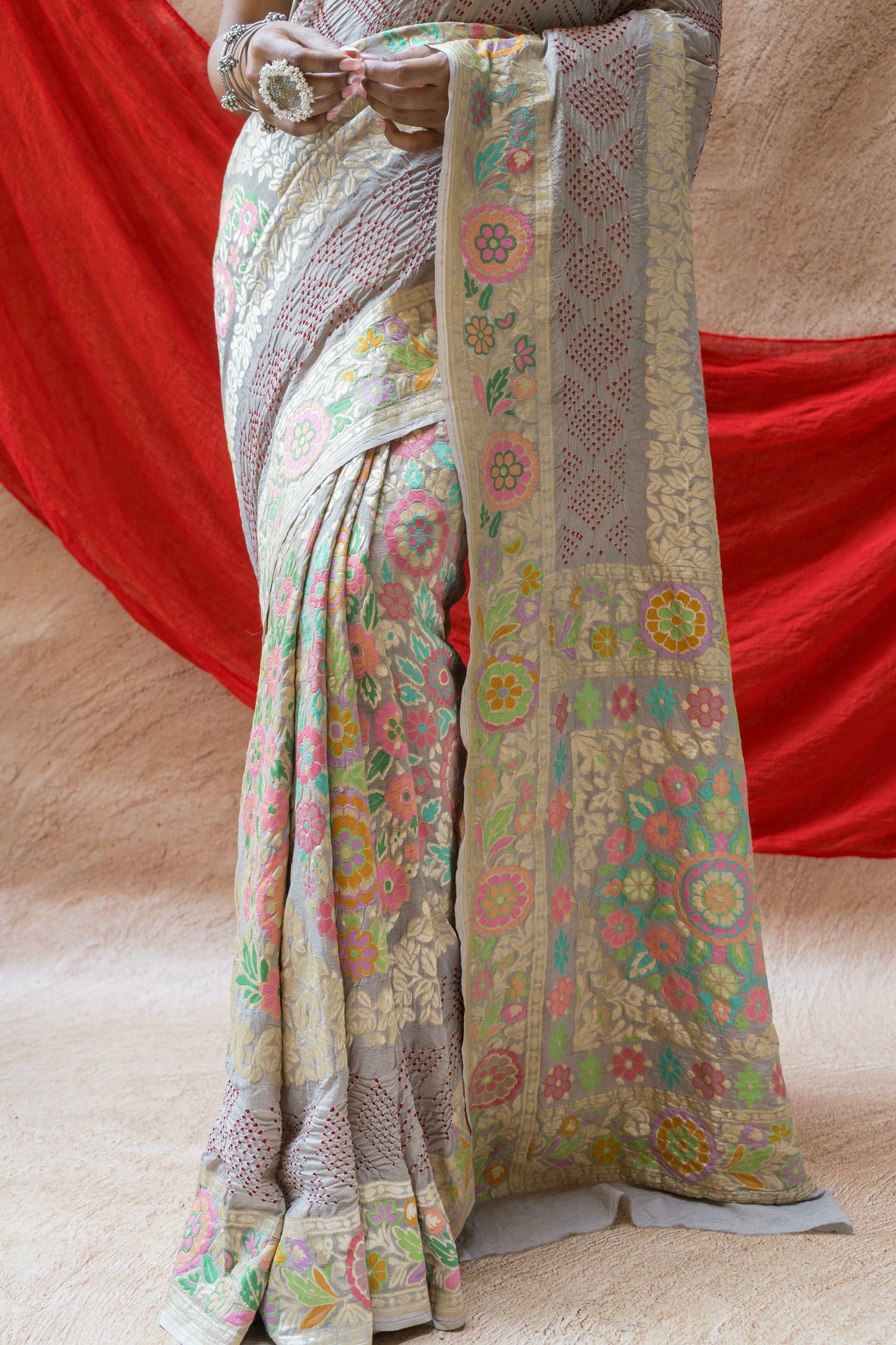 Georgette Mehrab Rai Dana Grey Bandhej Saree