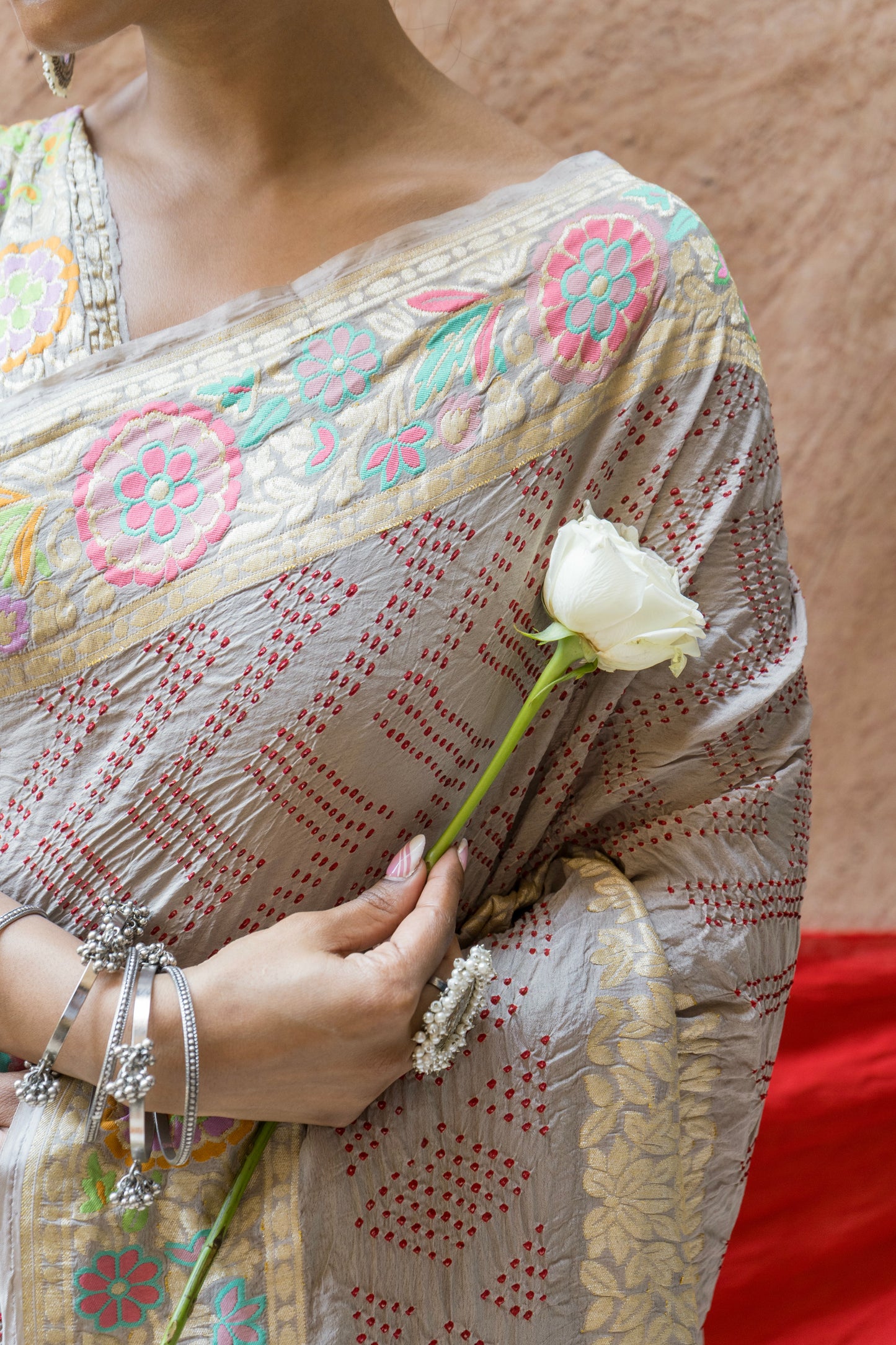 Georgette Mehrab Rai Dana Grey Bandhej Saree