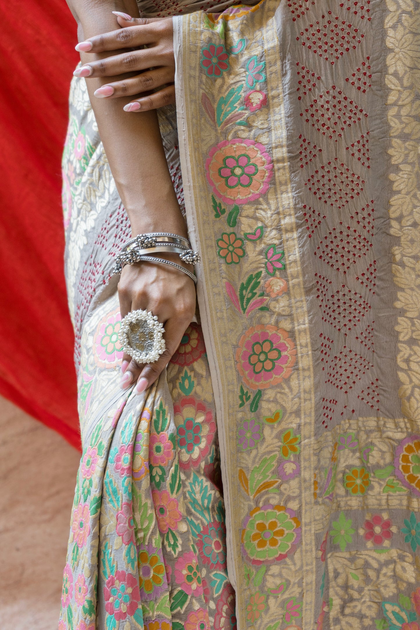 Georgette Mehrab Rai Dana Grey Bandhej Saree