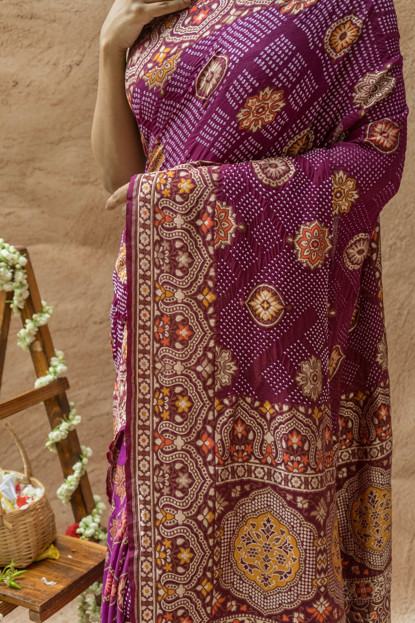 Georgette Ajrakh Weave Rai Dana Shaded Purple Saree