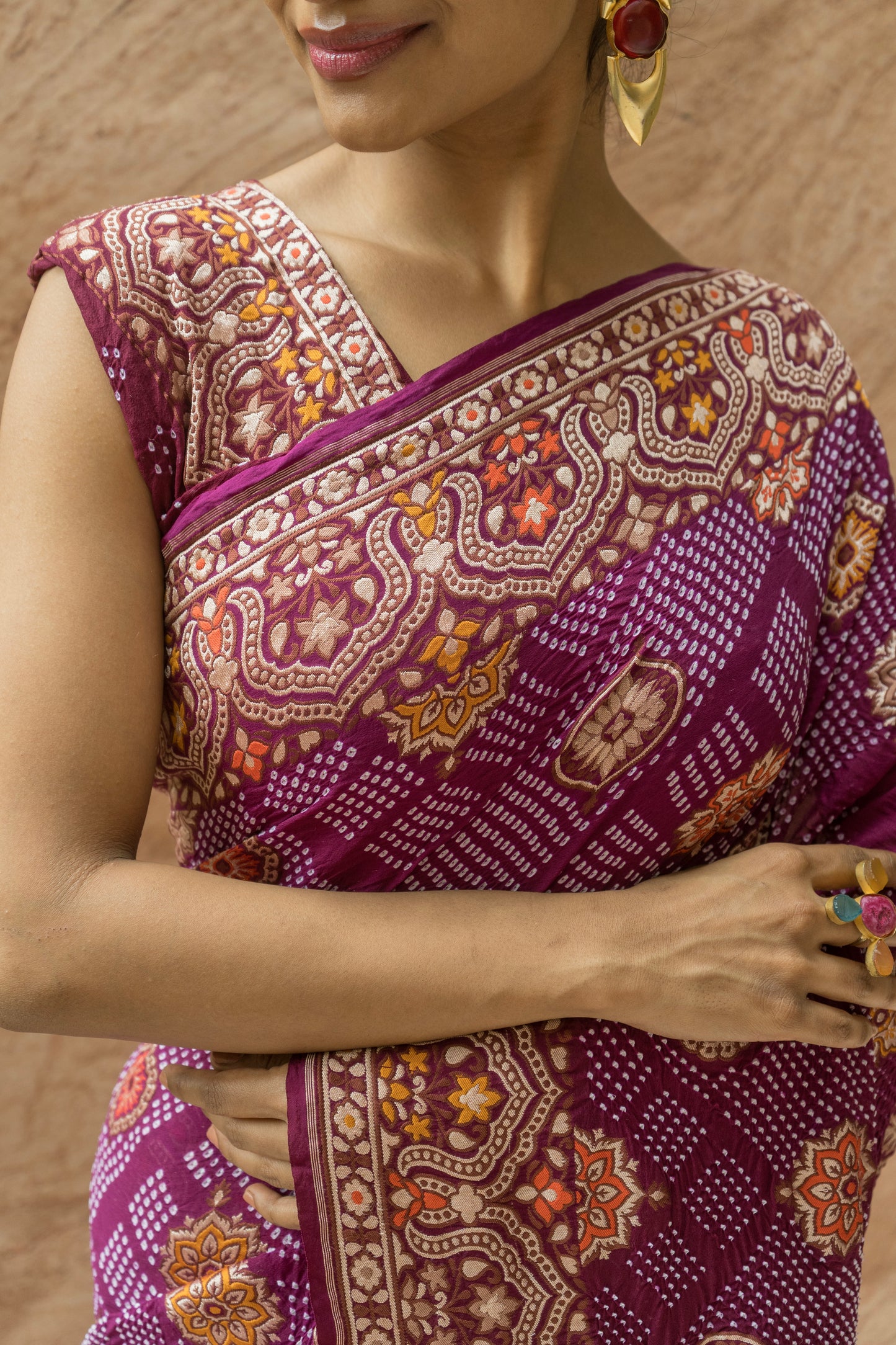 Georgette Ajrakh Weave Rai Dana Shaded Purple Saree