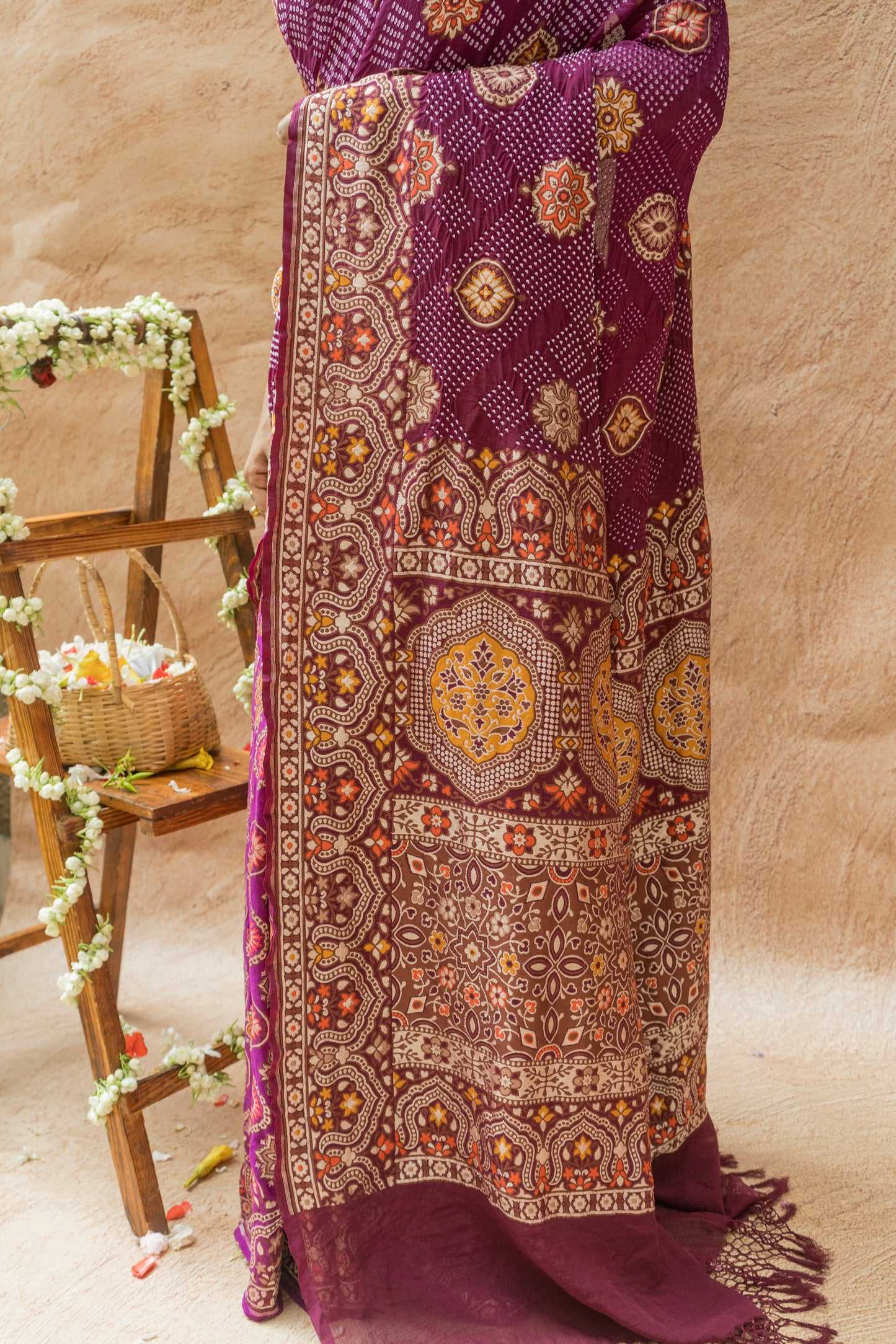 Georgette Ajrakh Weave Rai Dana Shaded Purple Saree