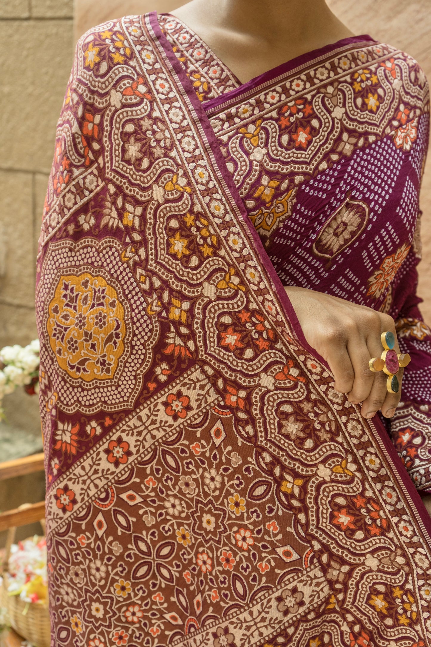 Georgette Ajrakh Weave Rai Dana Shaded Purple Saree