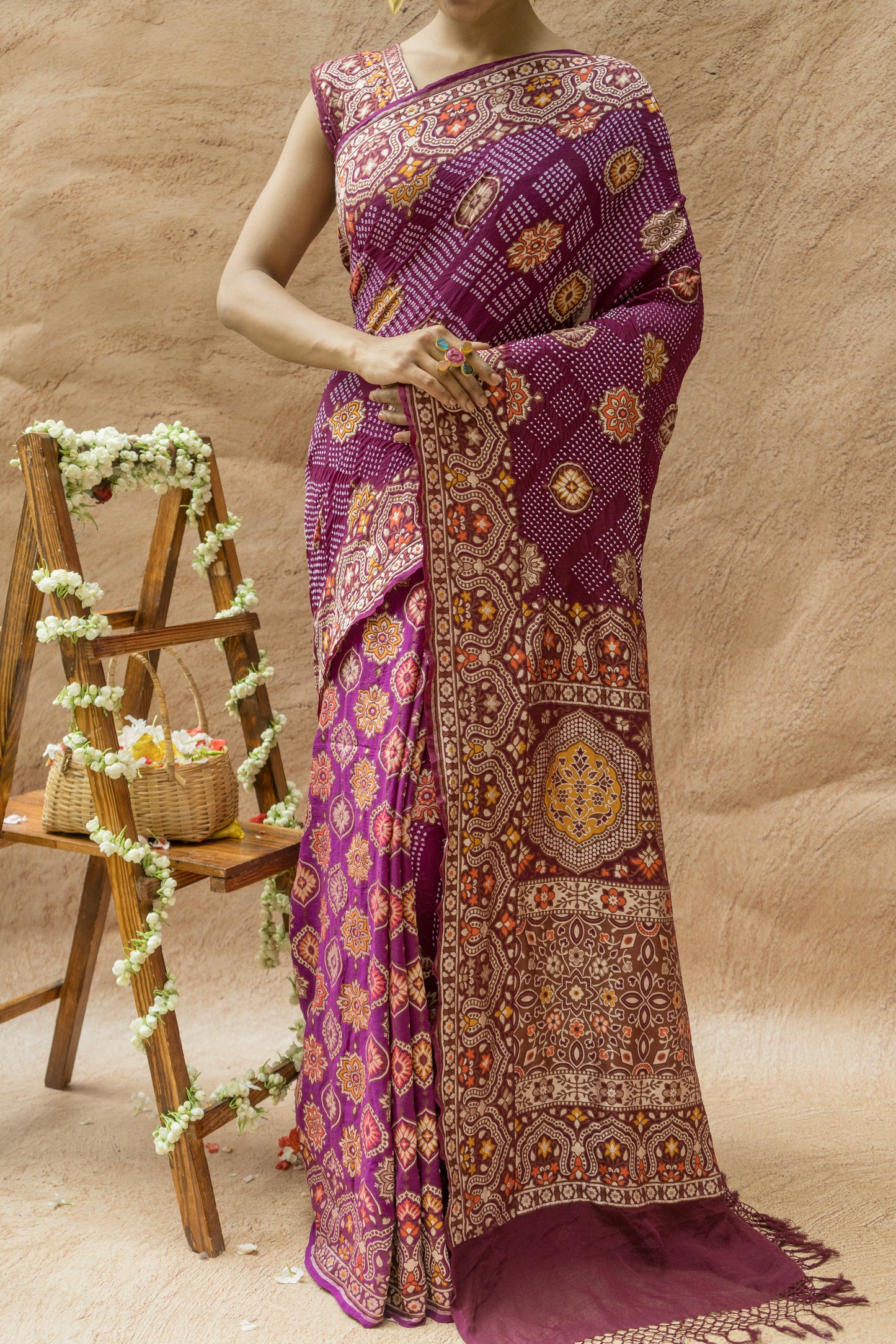 Georgette Ajrakh Weave Rai Dana Shaded Purple Saree