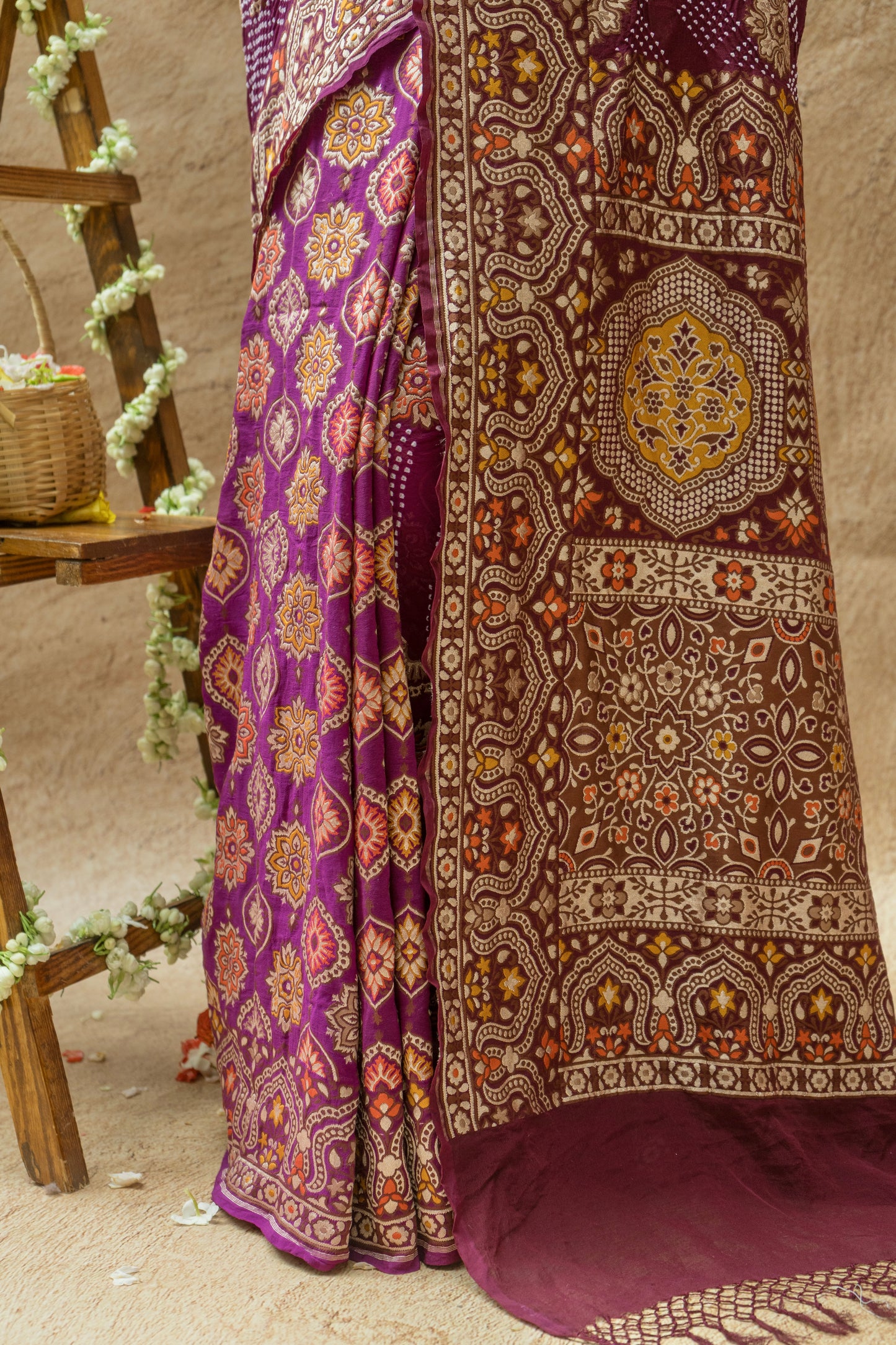 Georgette Ajrakh Weave Rai Dana Shaded Purple Saree