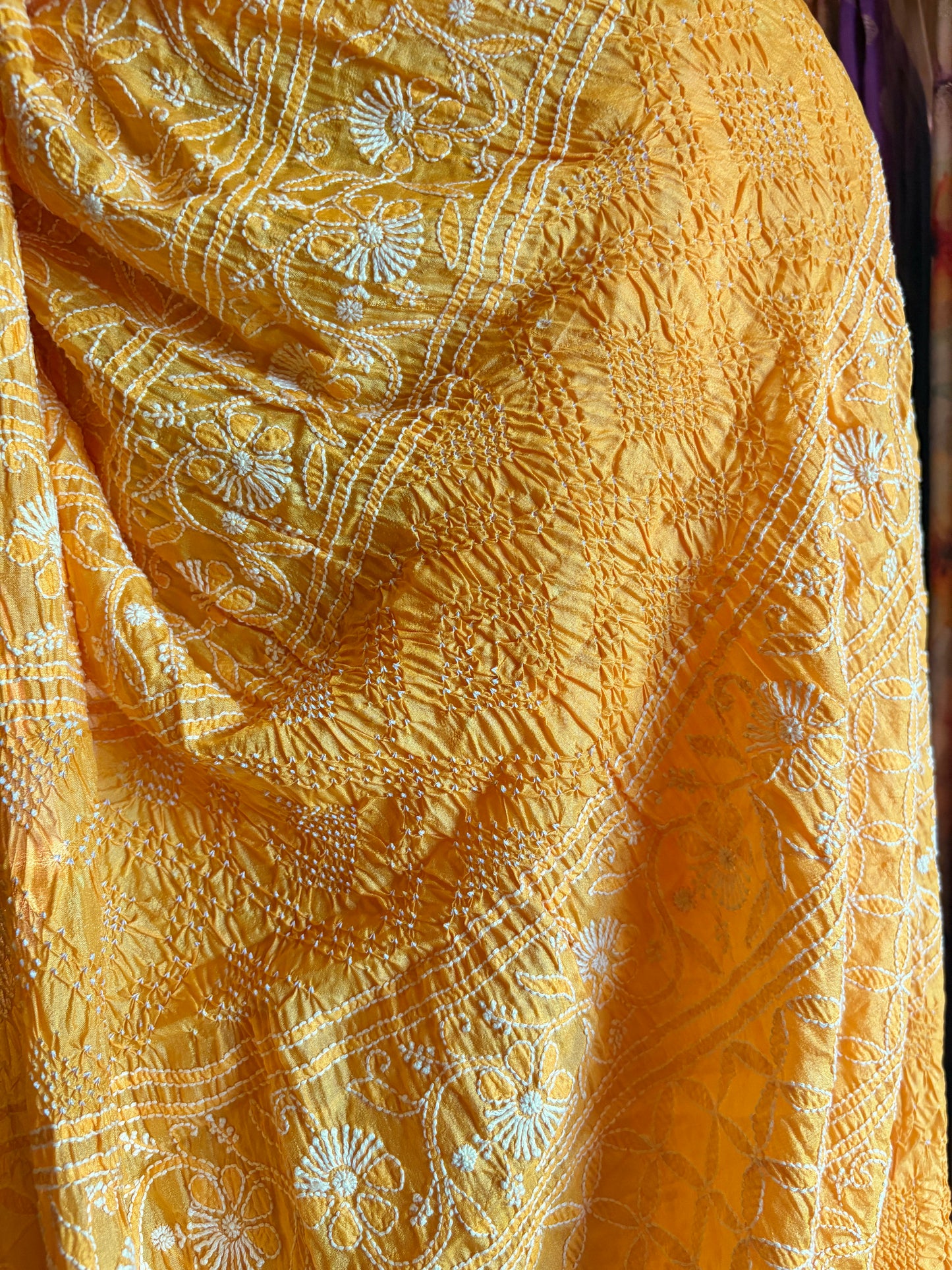 Tussar Lucknowi Rai Dana Yellow Bandhej Saree