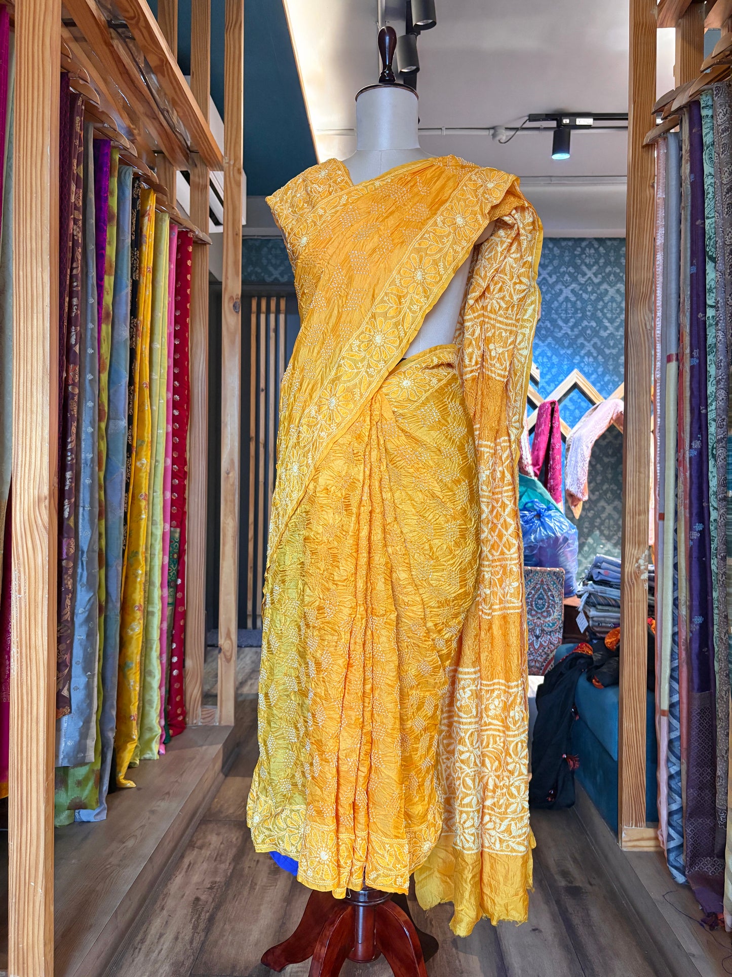 Tussar Lucknowi Rai Dana Yellow Bandhej Saree