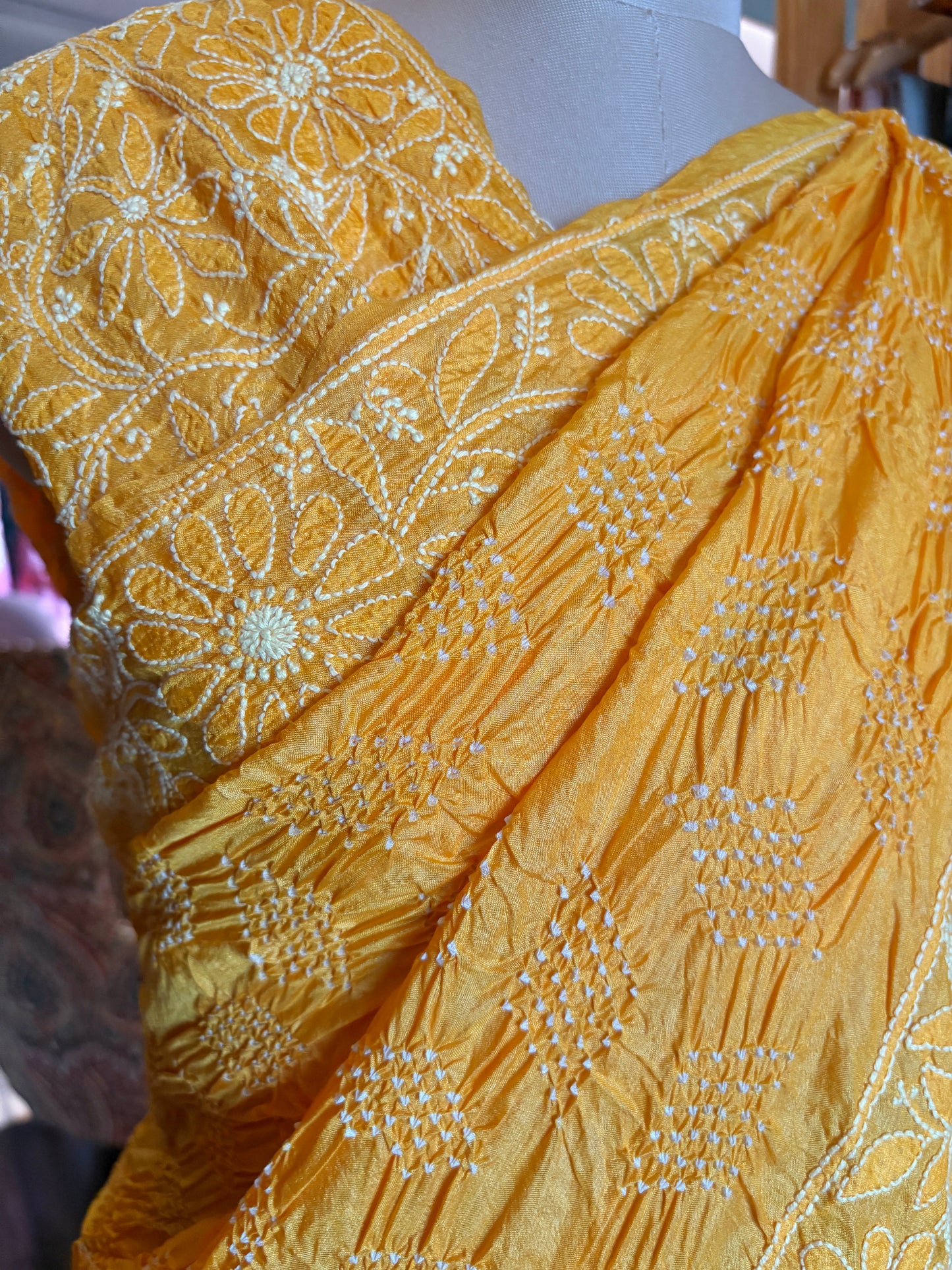 Tussar Lucknowi Rai Dana Yellow Bandhej Saree