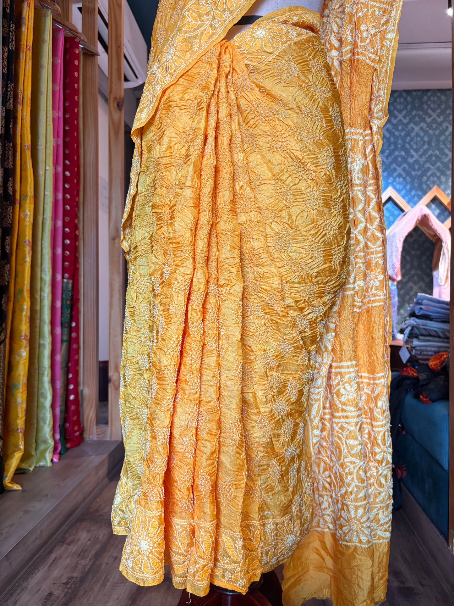 Tussar Lucknowi Rai Dana Yellow Bandhej Saree