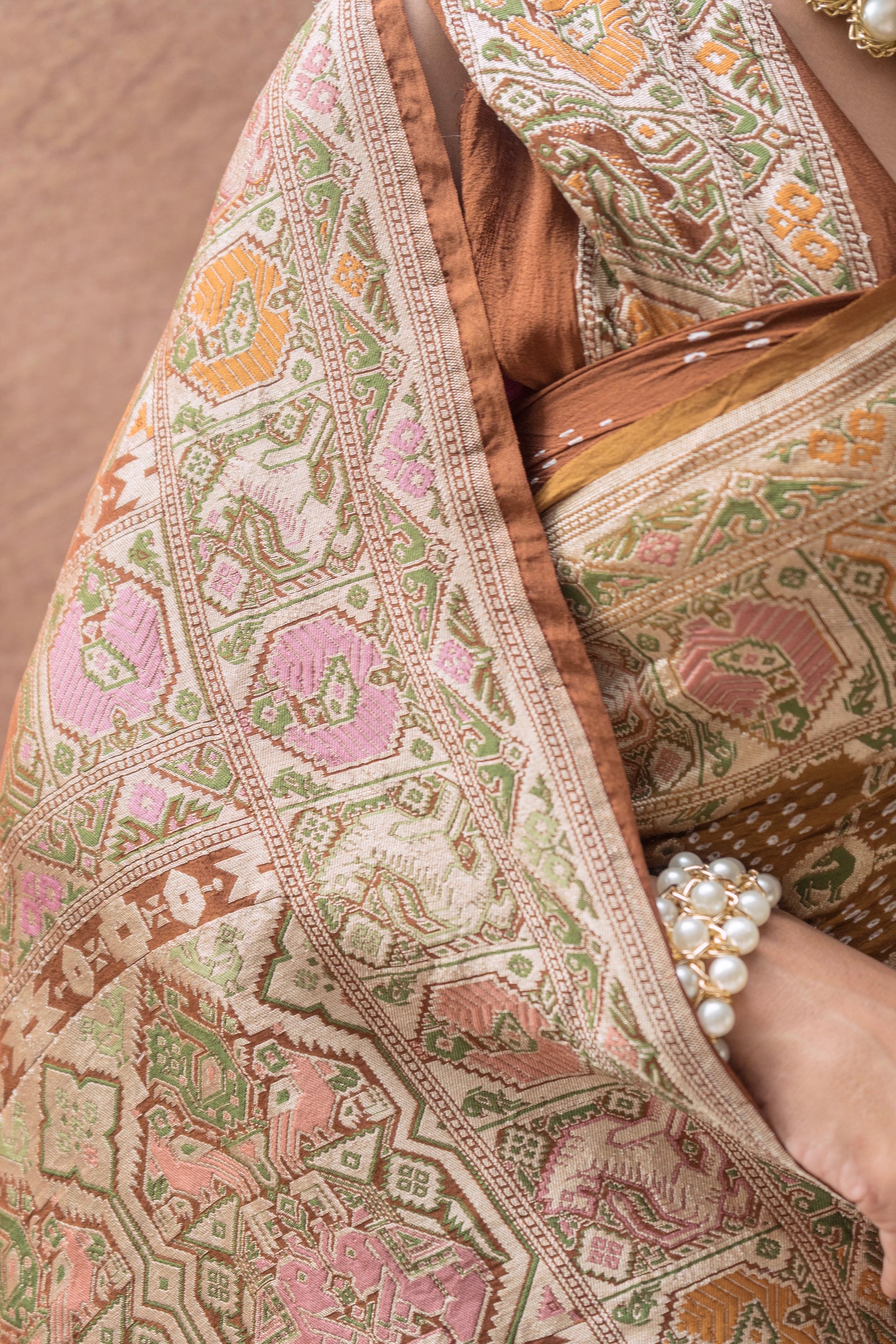 Georgette Patola Weaving Ombre Blue-Green-Brown Bandhej Saree