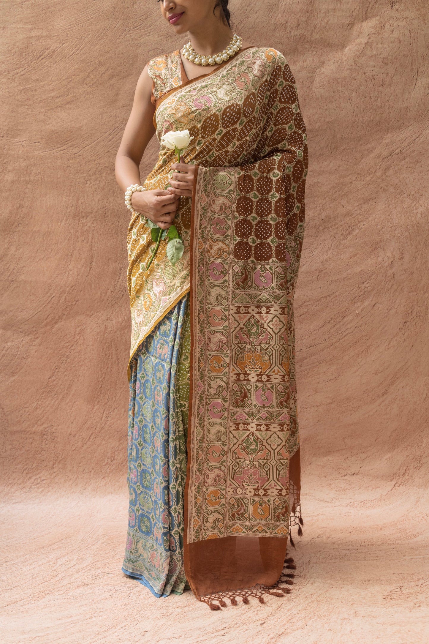 Georgette Patola Weaving Ombre Blue-Green-Brown Bandhej Saree