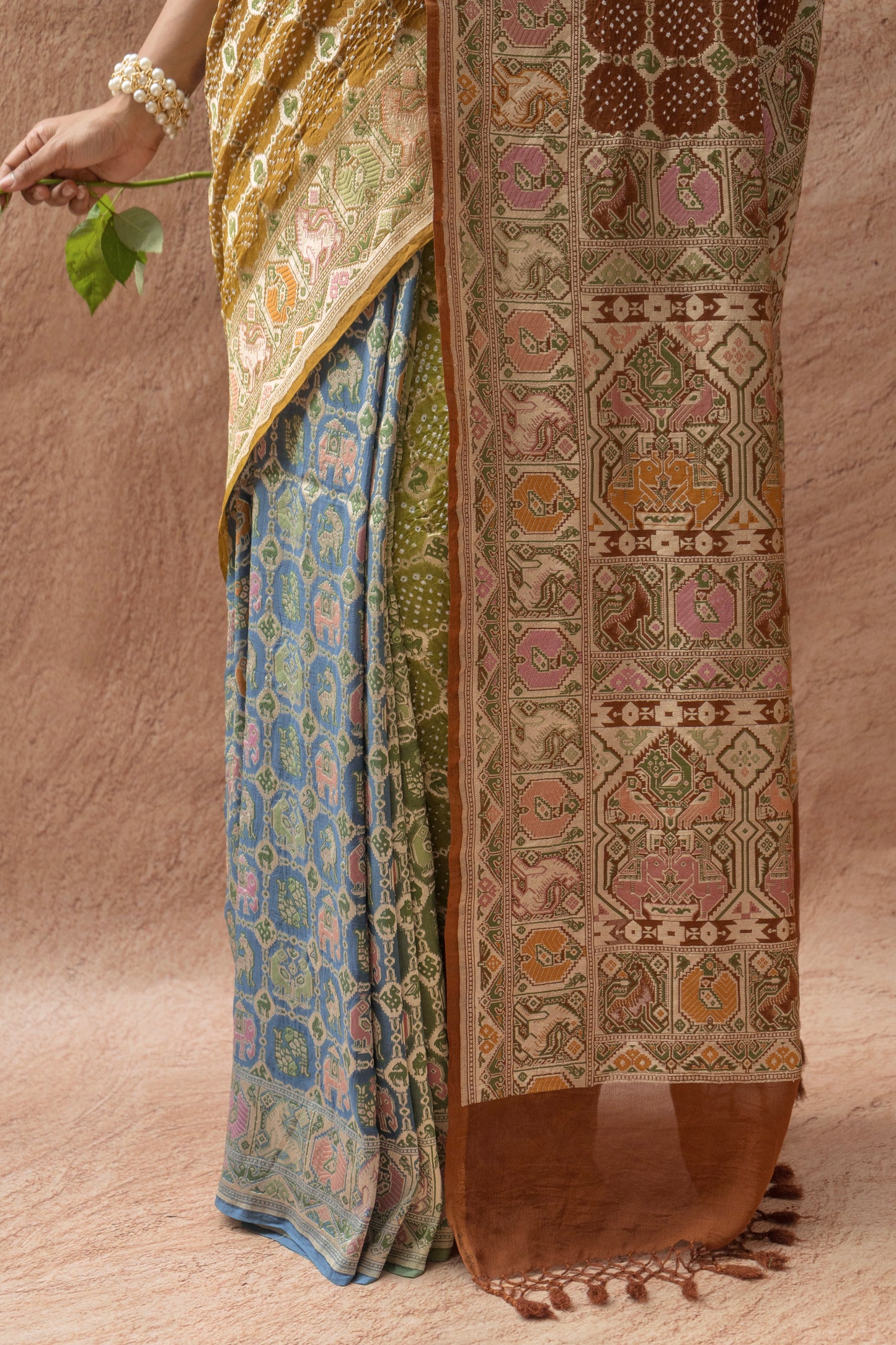Georgette Patola Weaving Ombre Blue-Green-Brown Bandhej Saree