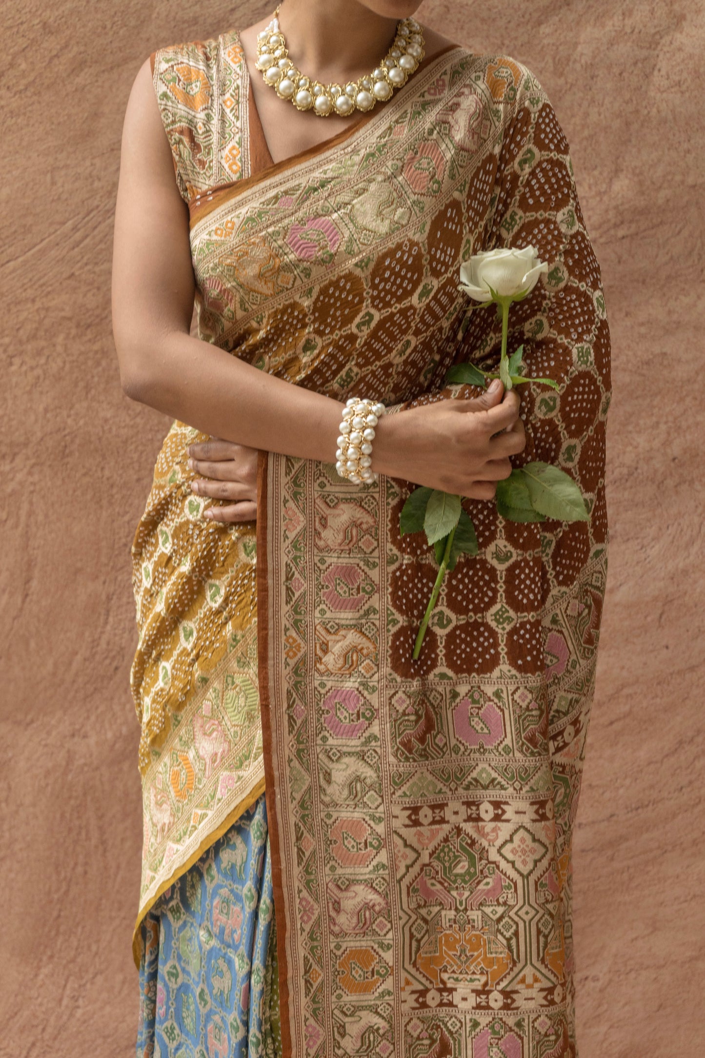 Georgette Patola Weaving Ombre Blue-Green-Brown Bandhej Saree