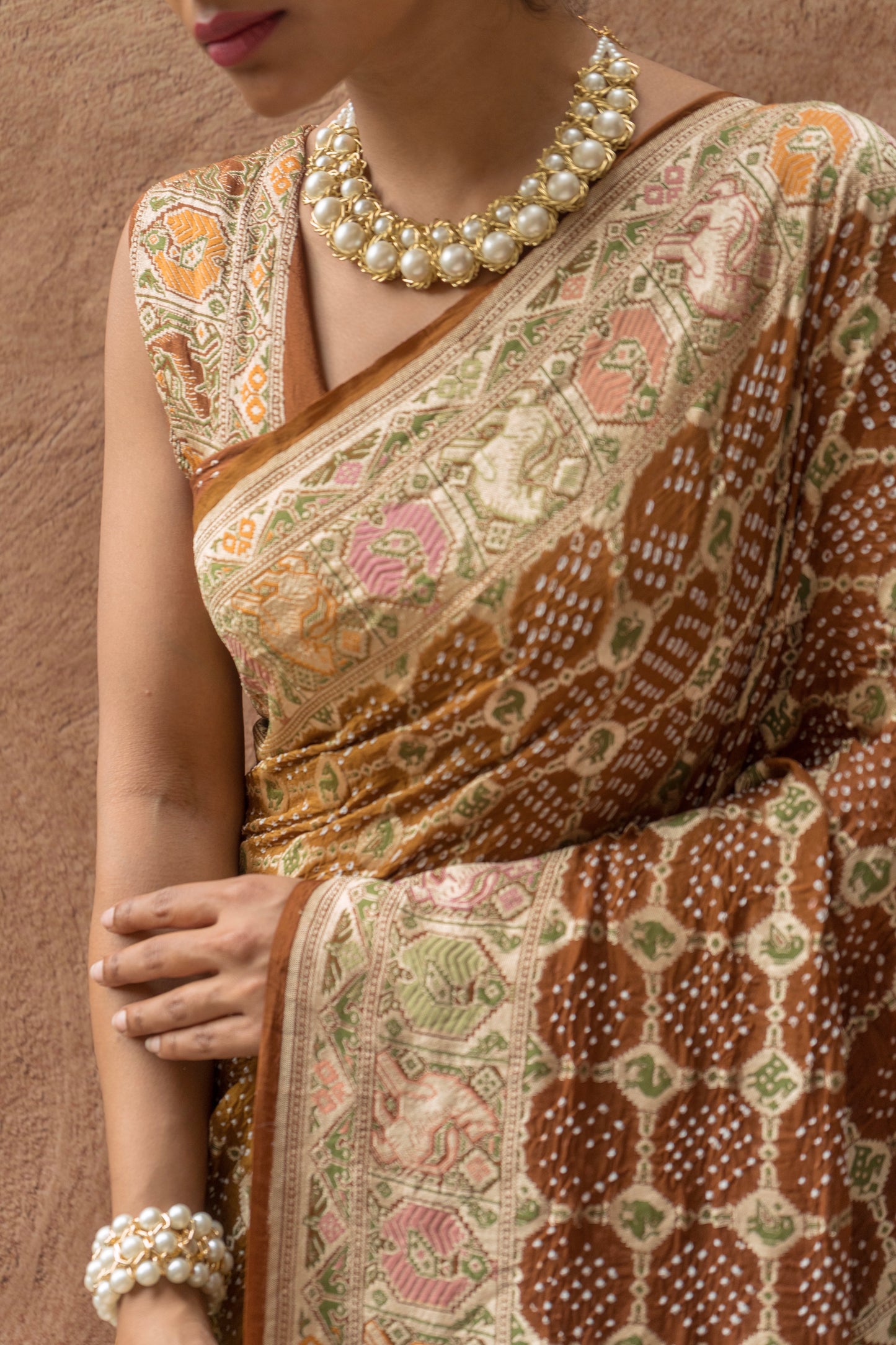 Georgette Patola Weaving Ombre Blue-Green-Brown Bandhej Saree