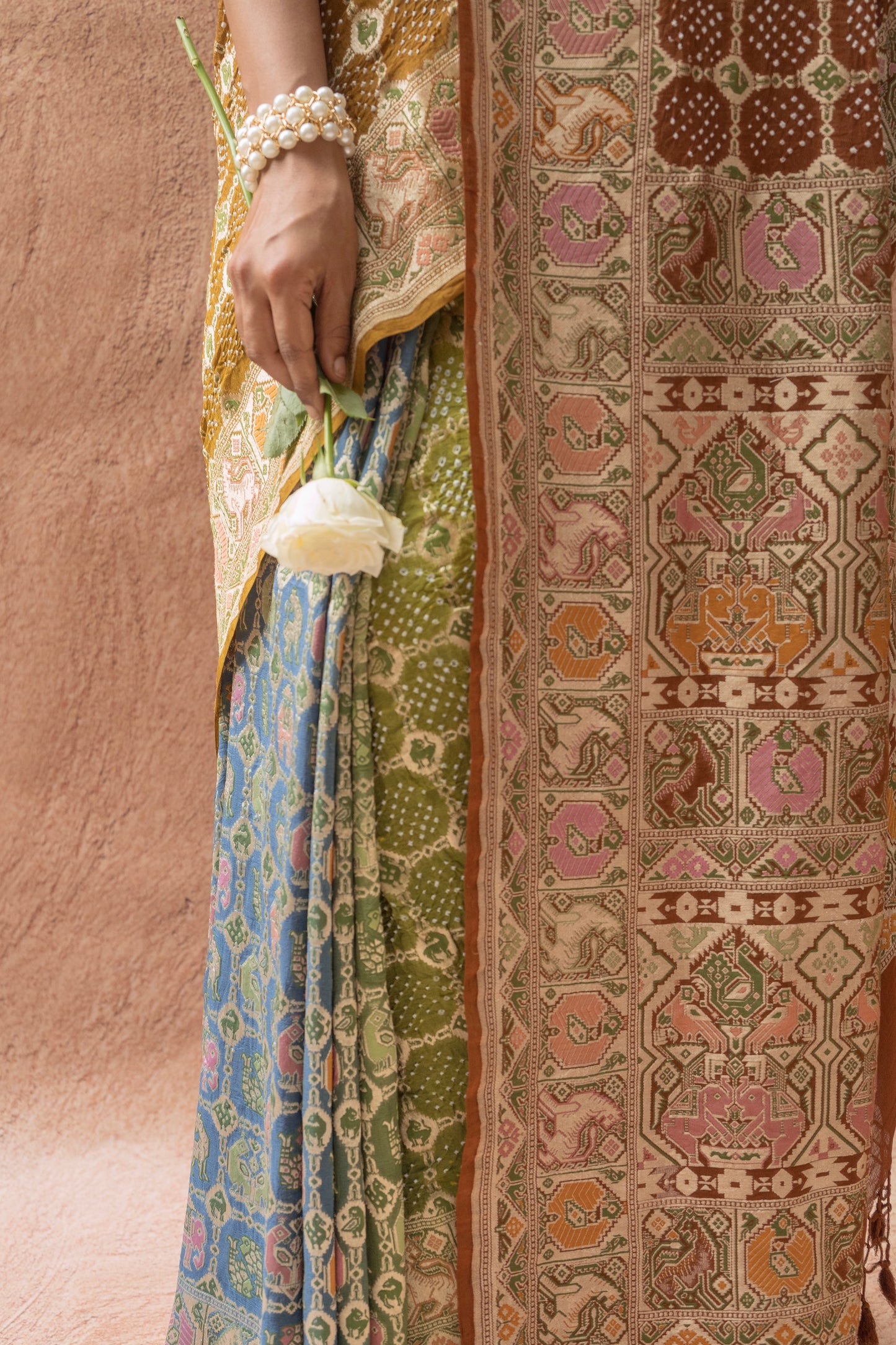 Georgette Patola Weaving Ombre Blue-Green-Brown Bandhej Saree