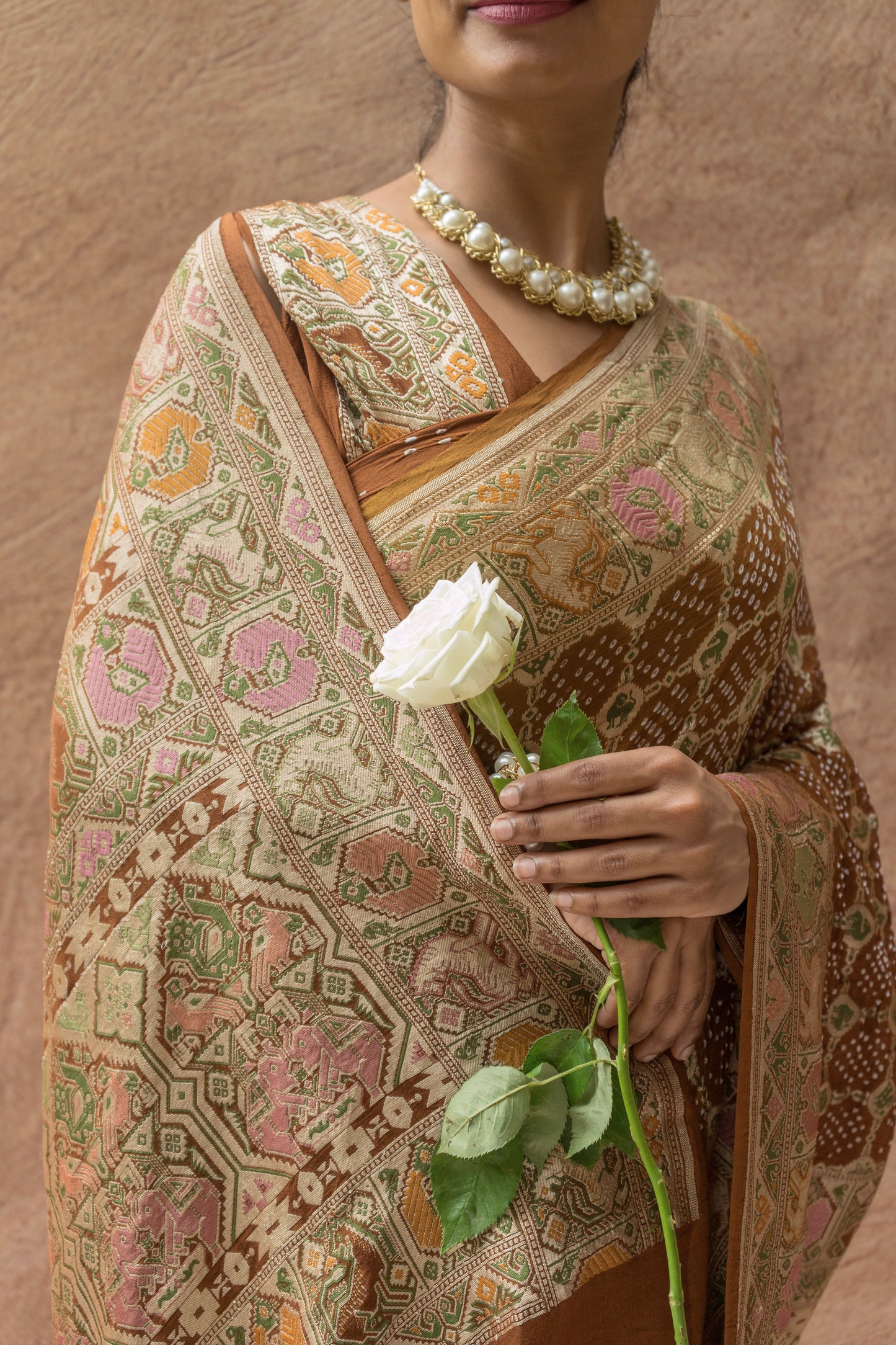 Georgette Patola Weaving Ombre Blue-Green-Brown Bandhej Saree