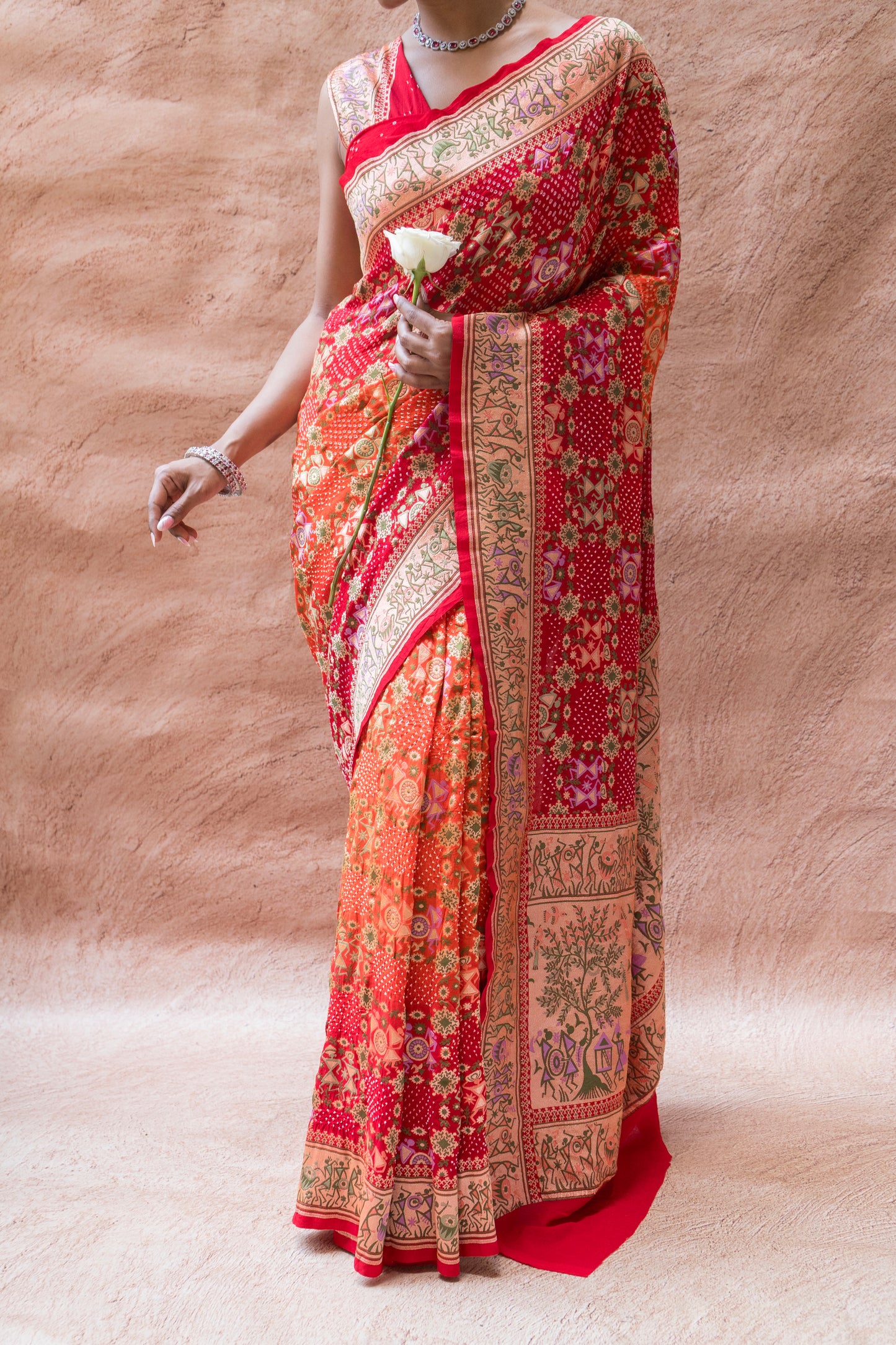Georgette Warli Jaal Weaving Ombre Orange-Red Bandhej Saree