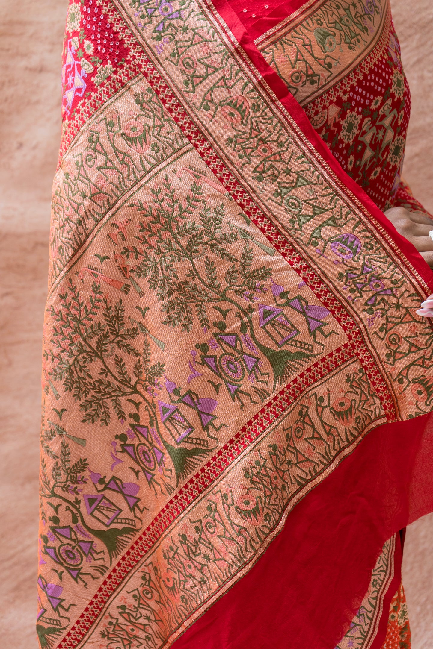 Georgette Warli Jaal Weaving Ombre Orange-Red Bandhej Saree