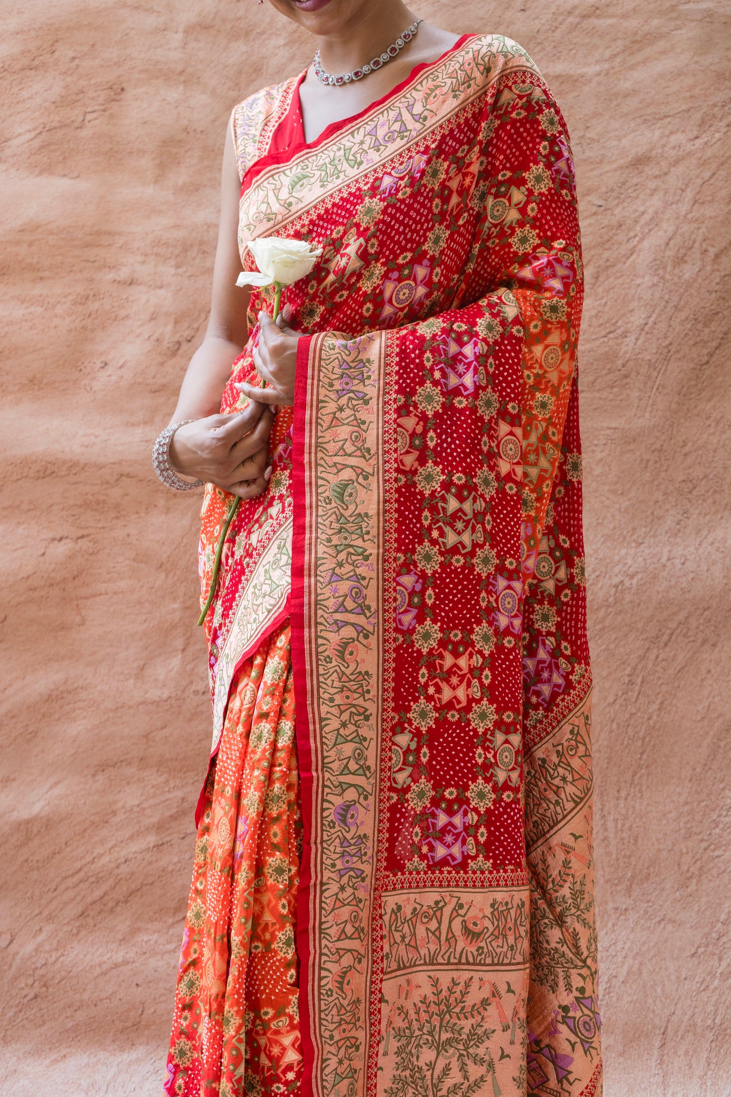 Georgette Warli Jaal Weaving Ombre Orange-Red Bandhej Saree