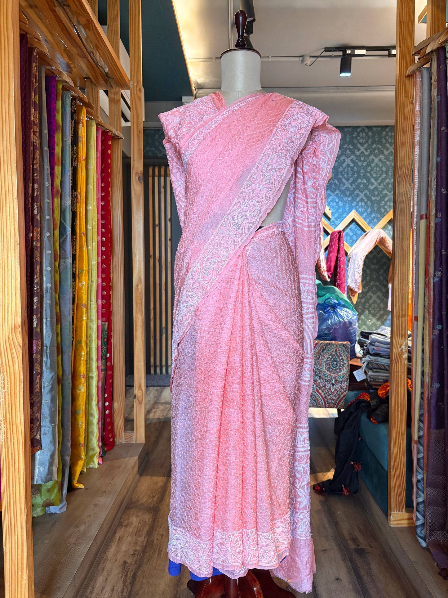 Tusser Lucknowi Rai Dana- Pastel Pink Saree