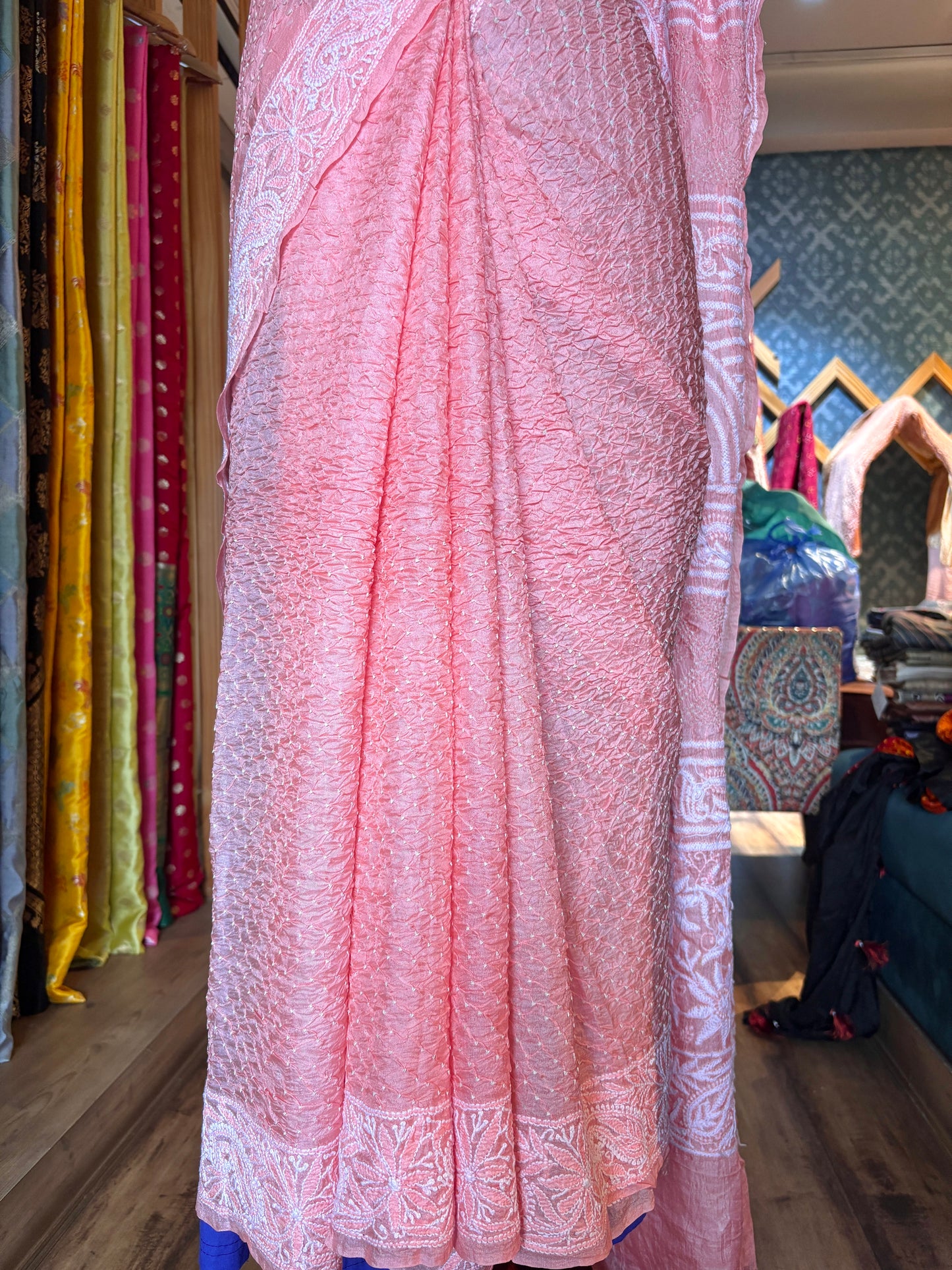 Tusser Lucknowi Rai Dana- Pastel Pink Saree