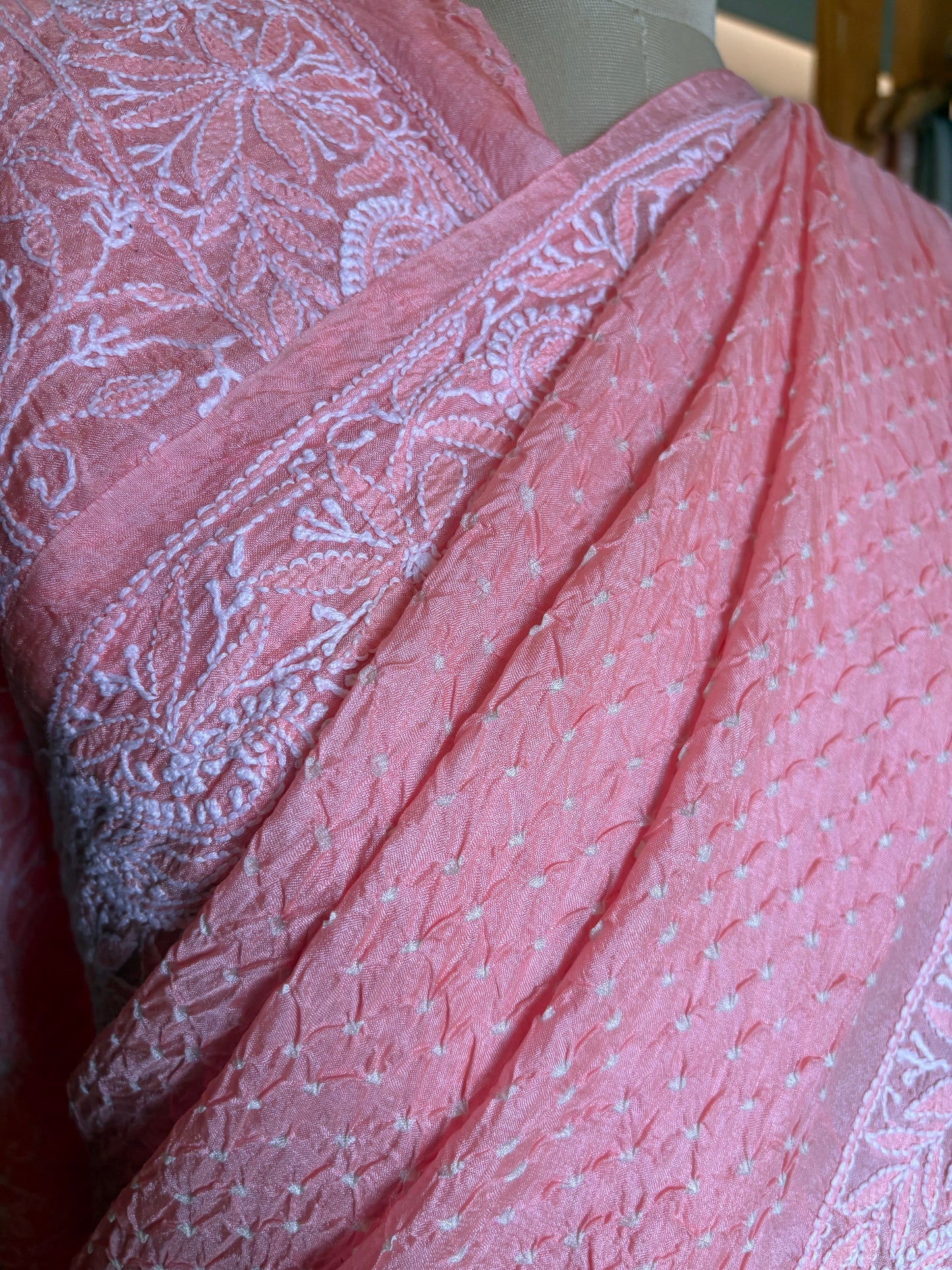 Tusser Lucknowi Rai Dana- Pastel Pink Saree