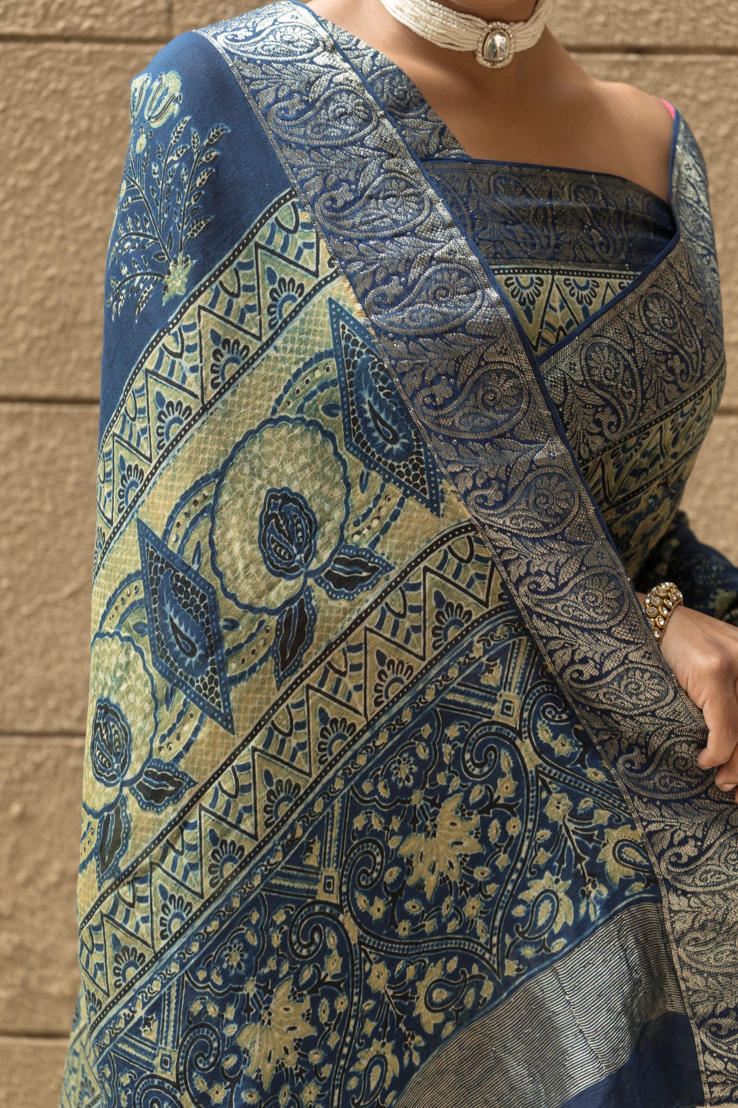 Chanderi Ajrakh Abstract Print with Zari Borders Indigo Saree