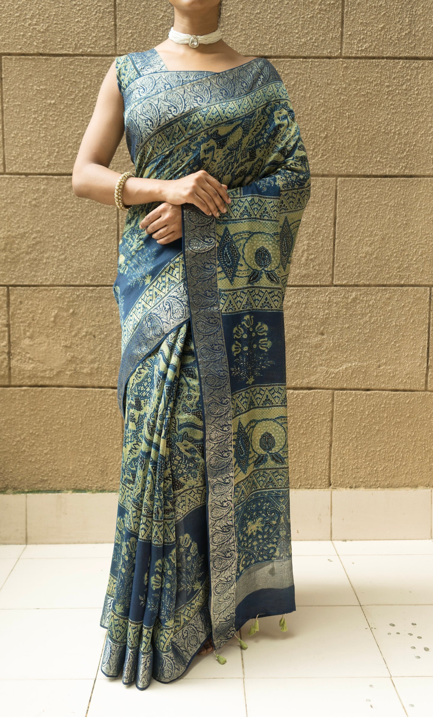 Chanderi Ajrakh Abstract Print with Zari Borders Indigo Saree