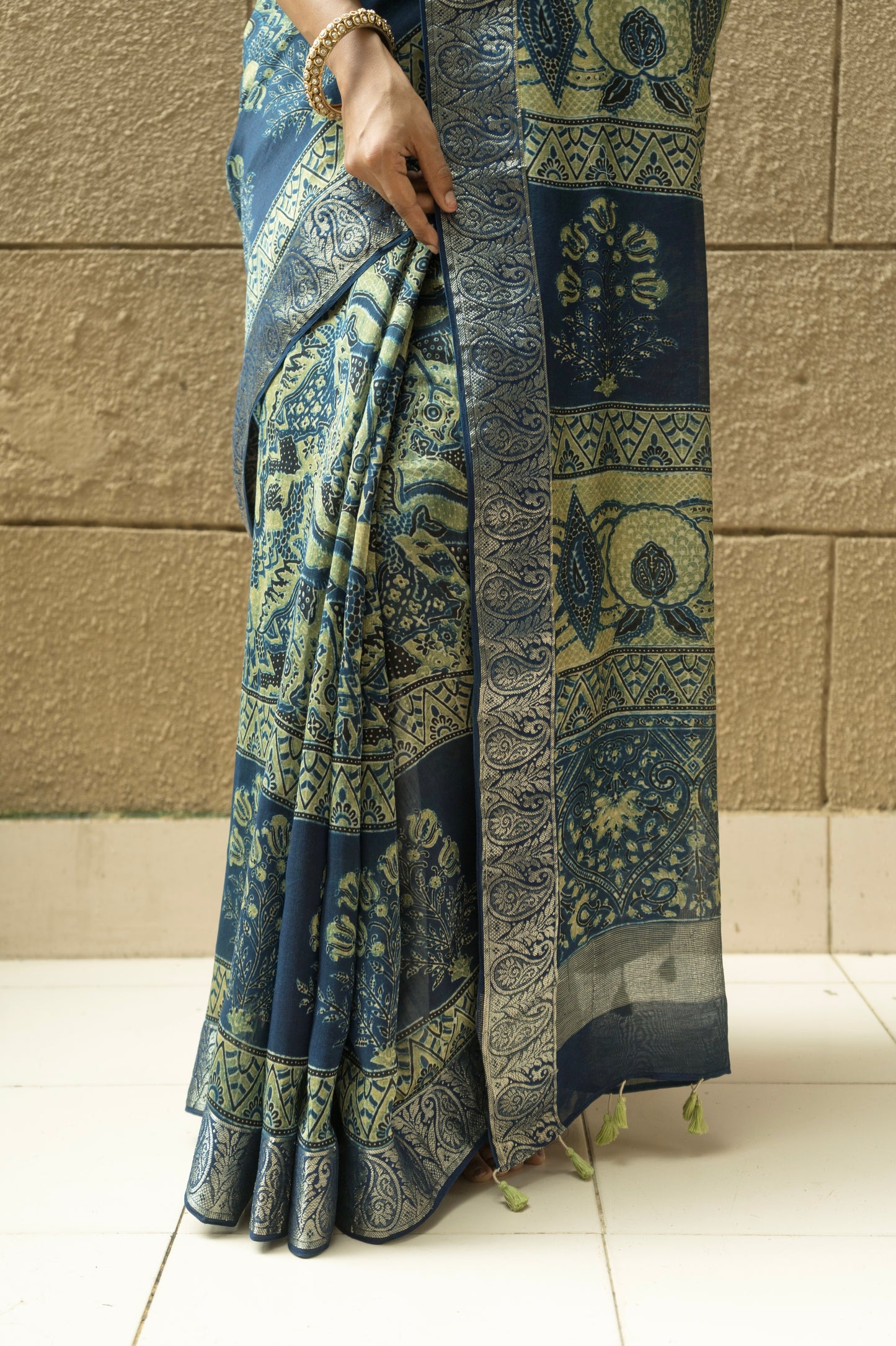 Chanderi Ajrakh Abstract Print with Zari Borders Indigo Saree