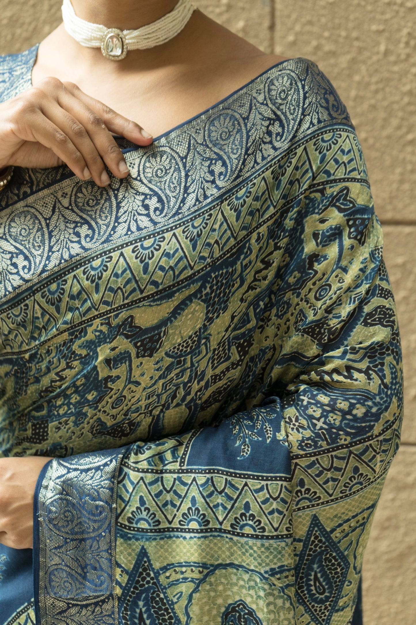 Chanderi Ajrakh Abstract Print with Zari Borders Indigo Saree