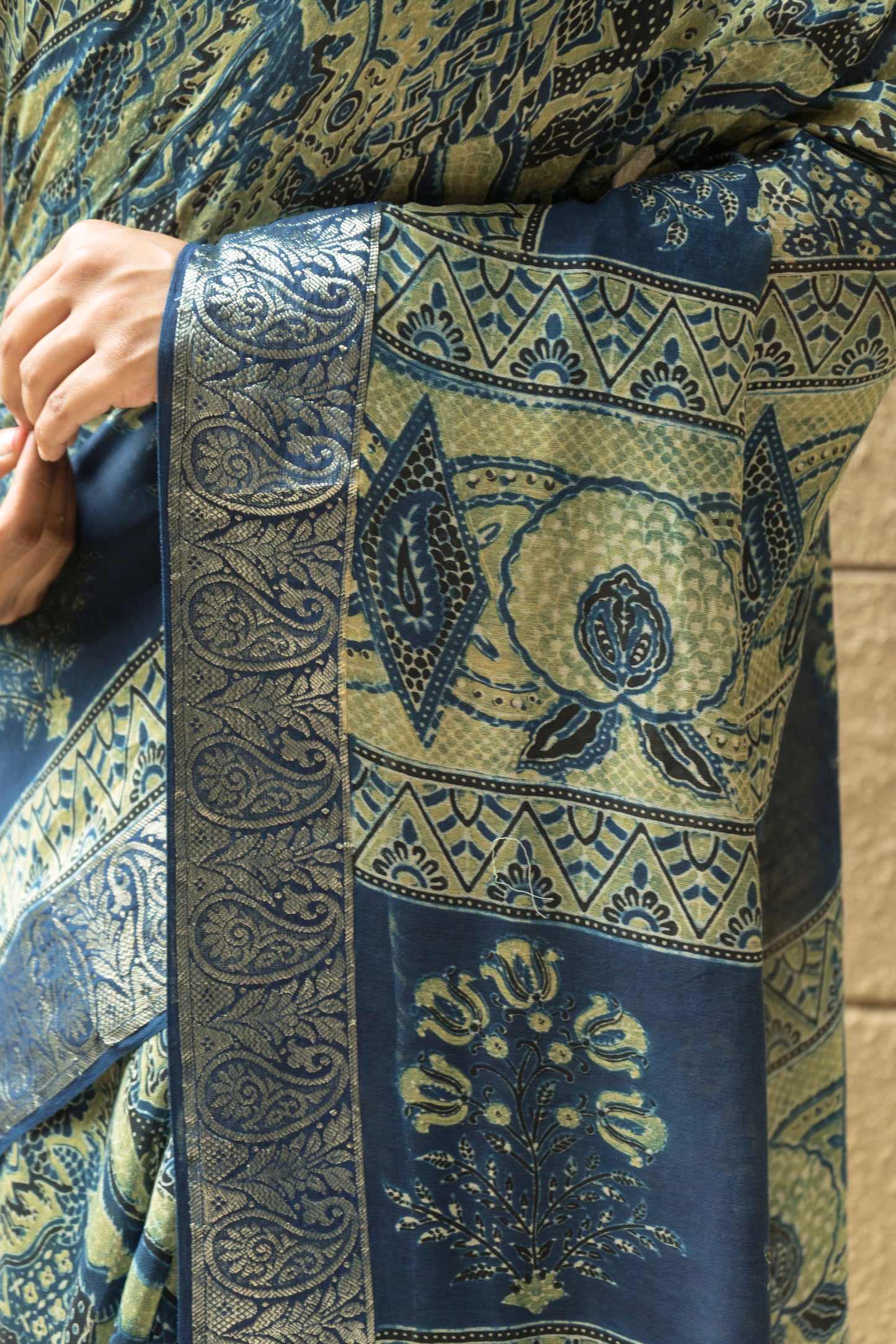 Chanderi Ajrakh Abstract Print with Zari Borders Indigo Saree