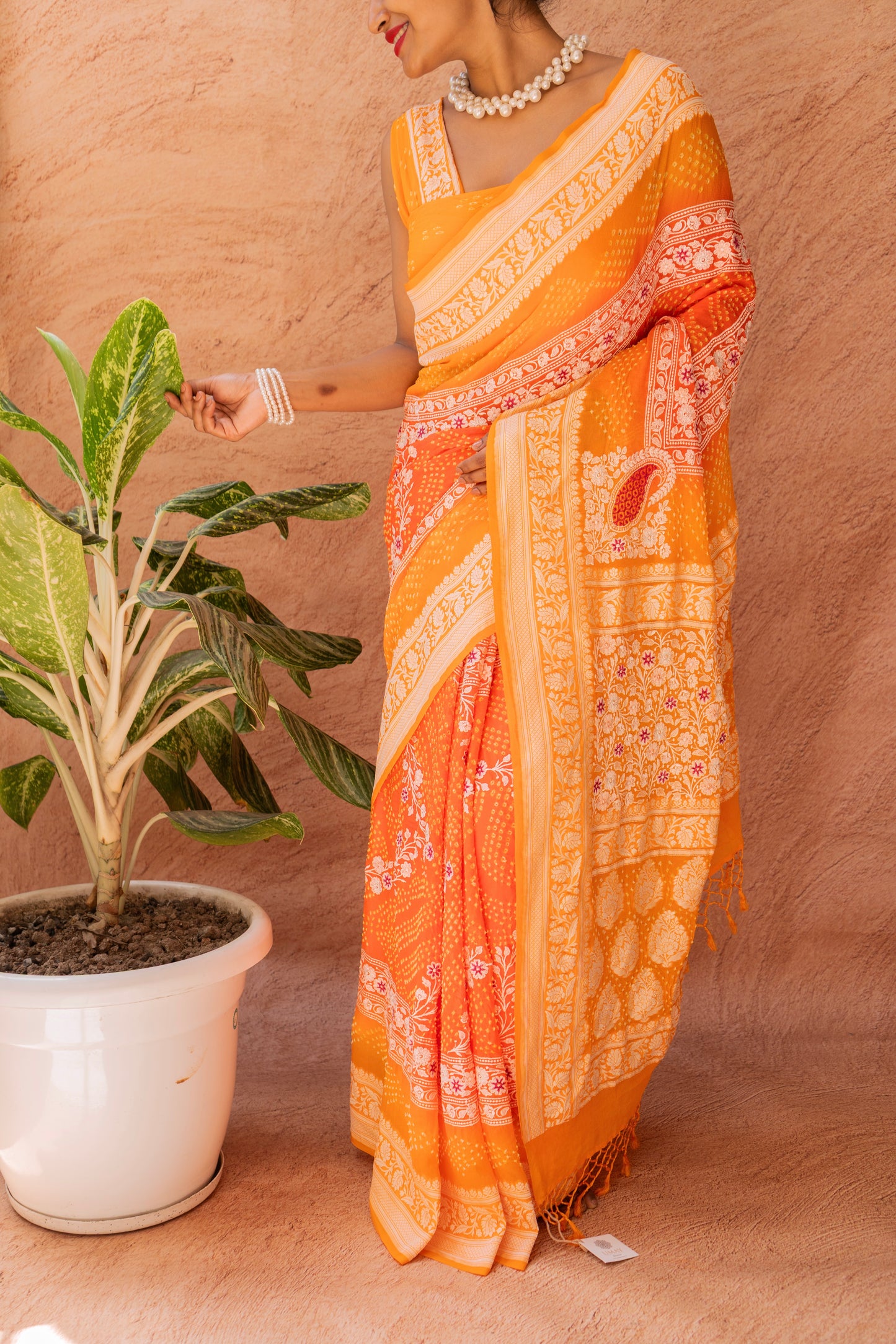 Georgette Lucknowi Yellow-Orange Bandhej Saree