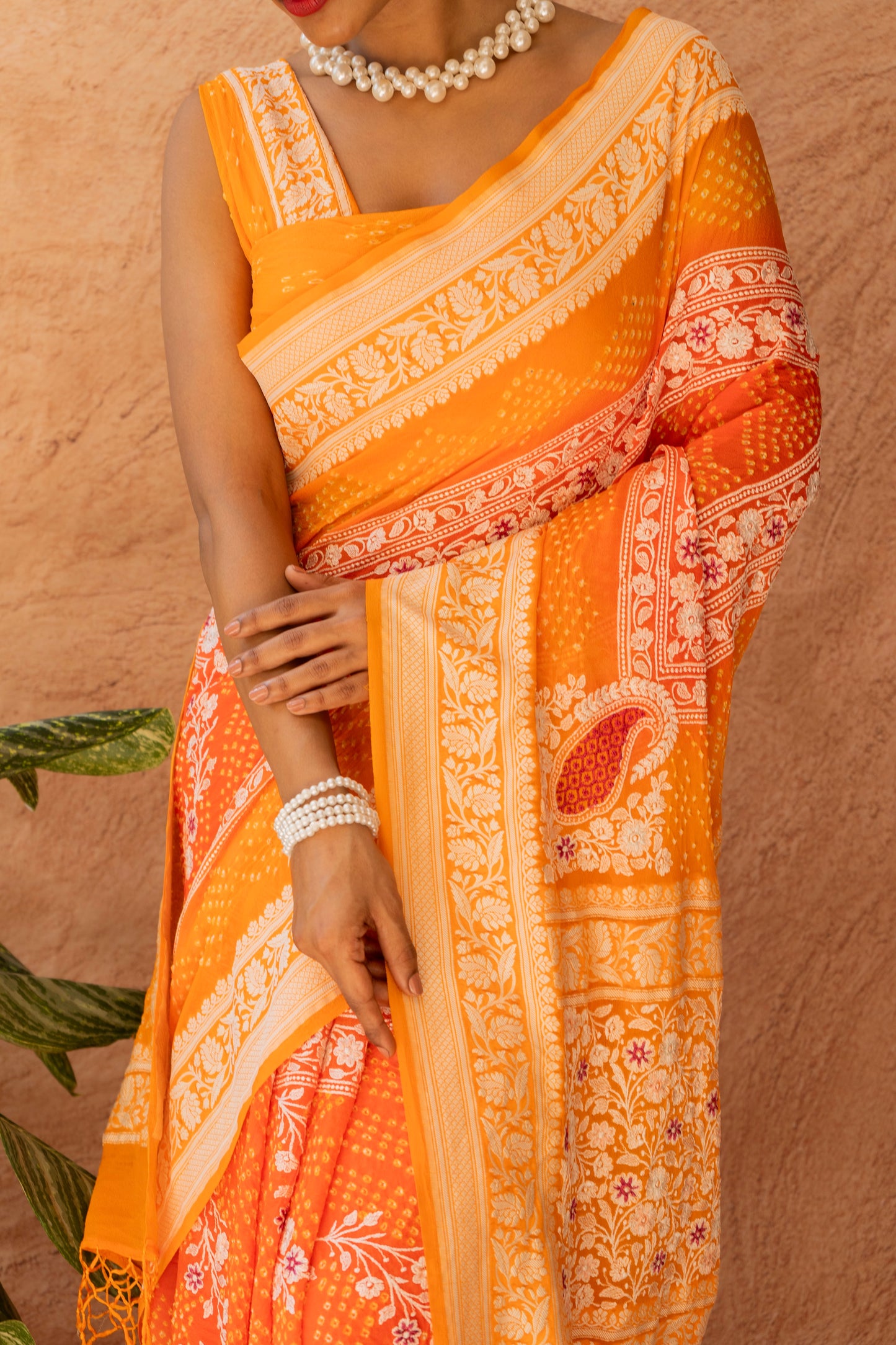 Georgette Lucknowi Yellow-Orange Bandhej Saree