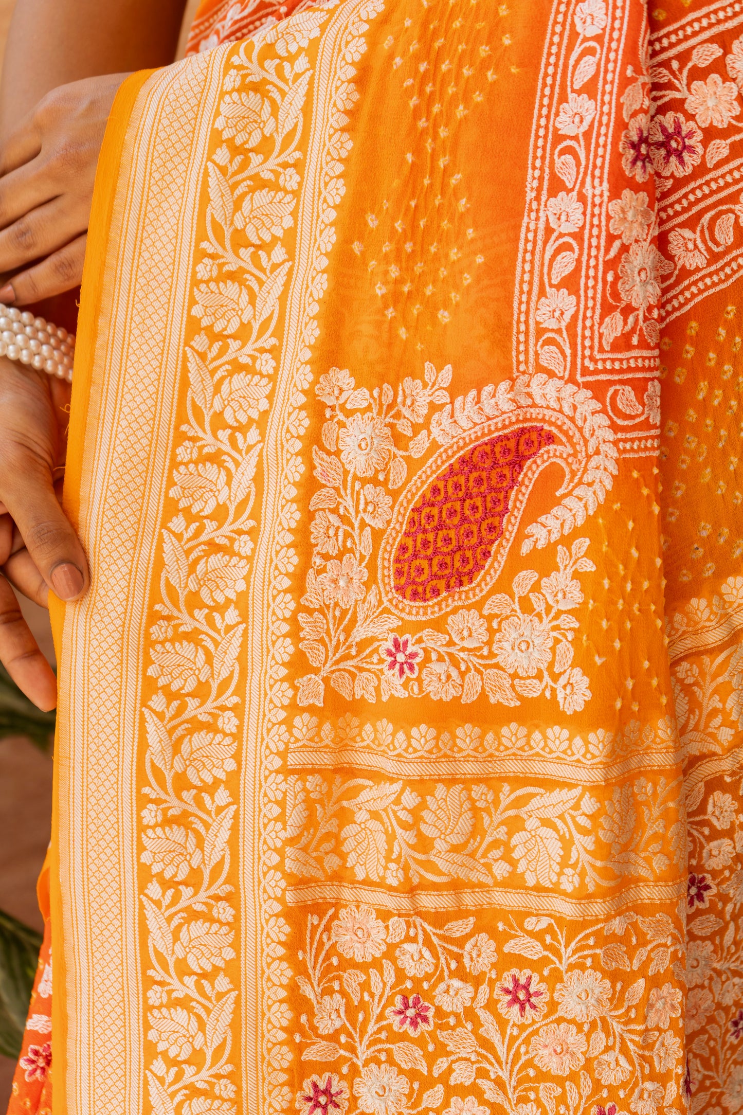 Georgette Lucknowi Yellow-Orange Bandhej Saree