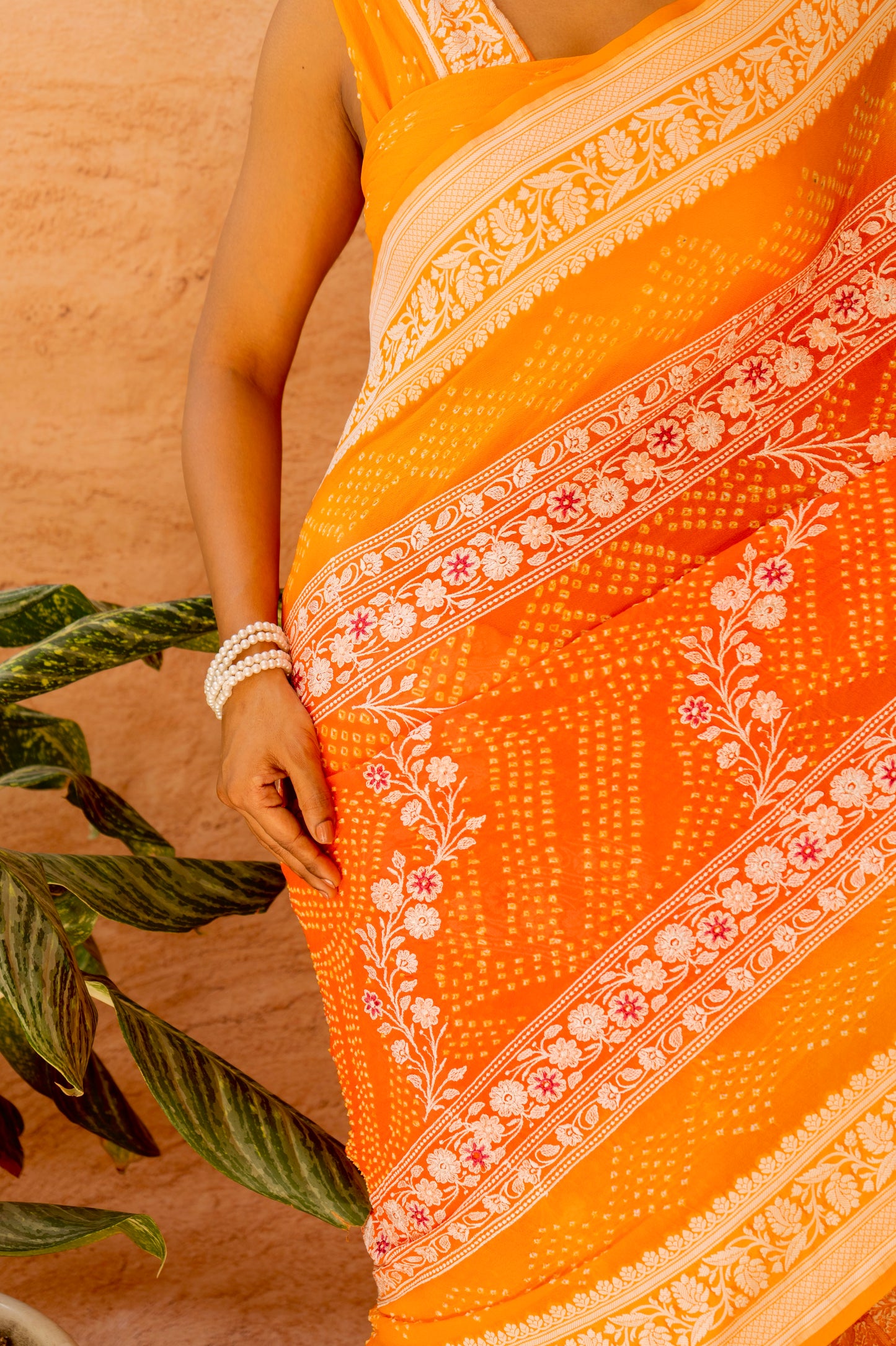 Georgette Lucknowi Yellow-Orange Bandhej Saree