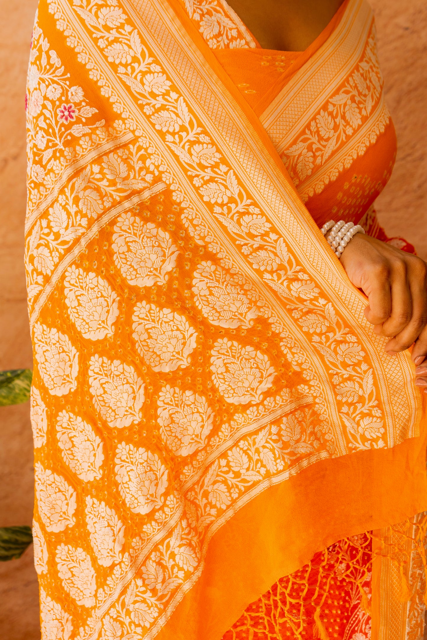 Georgette Lucknowi Yellow-Orange Bandhej Saree