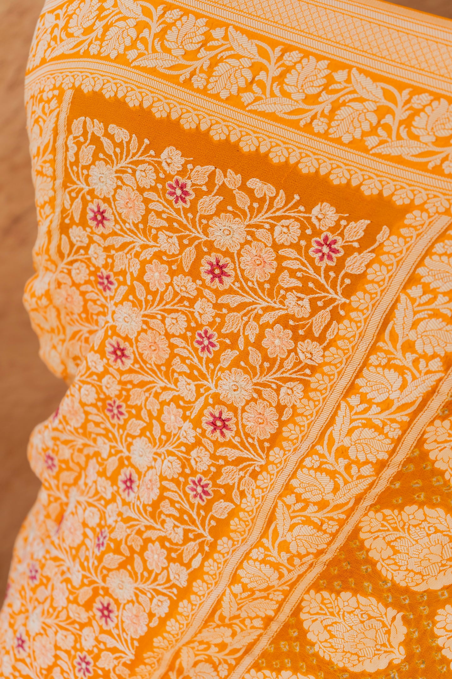 Georgette Lucknowi Yellow-Orange Bandhej Saree