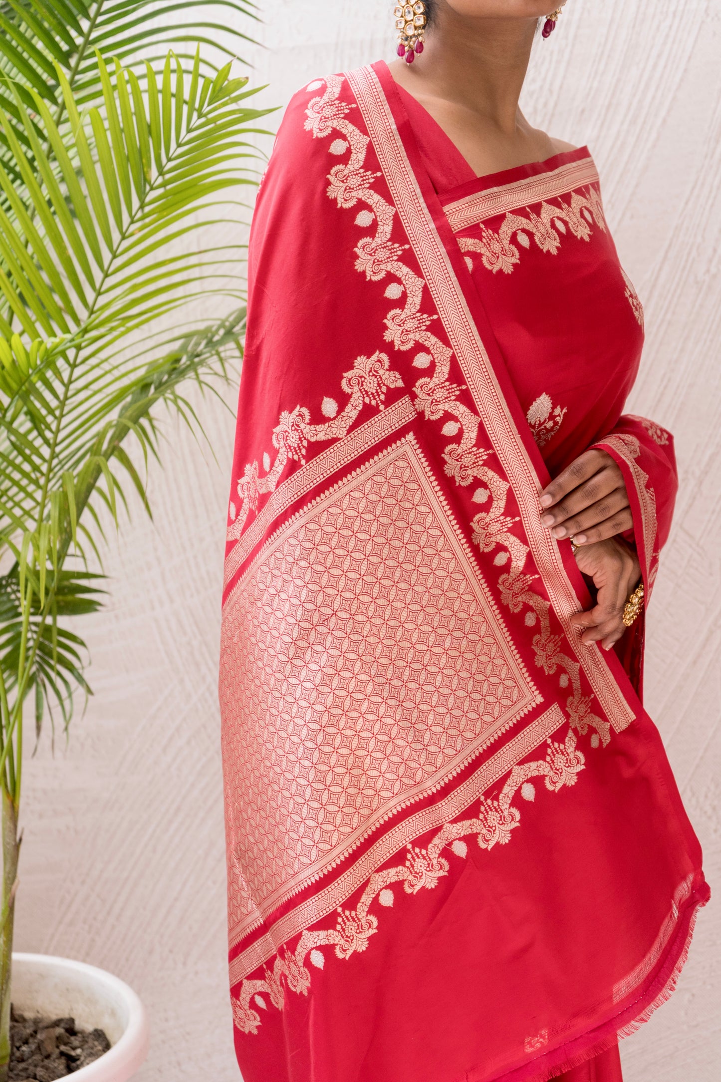 Katan Boota Red Saree