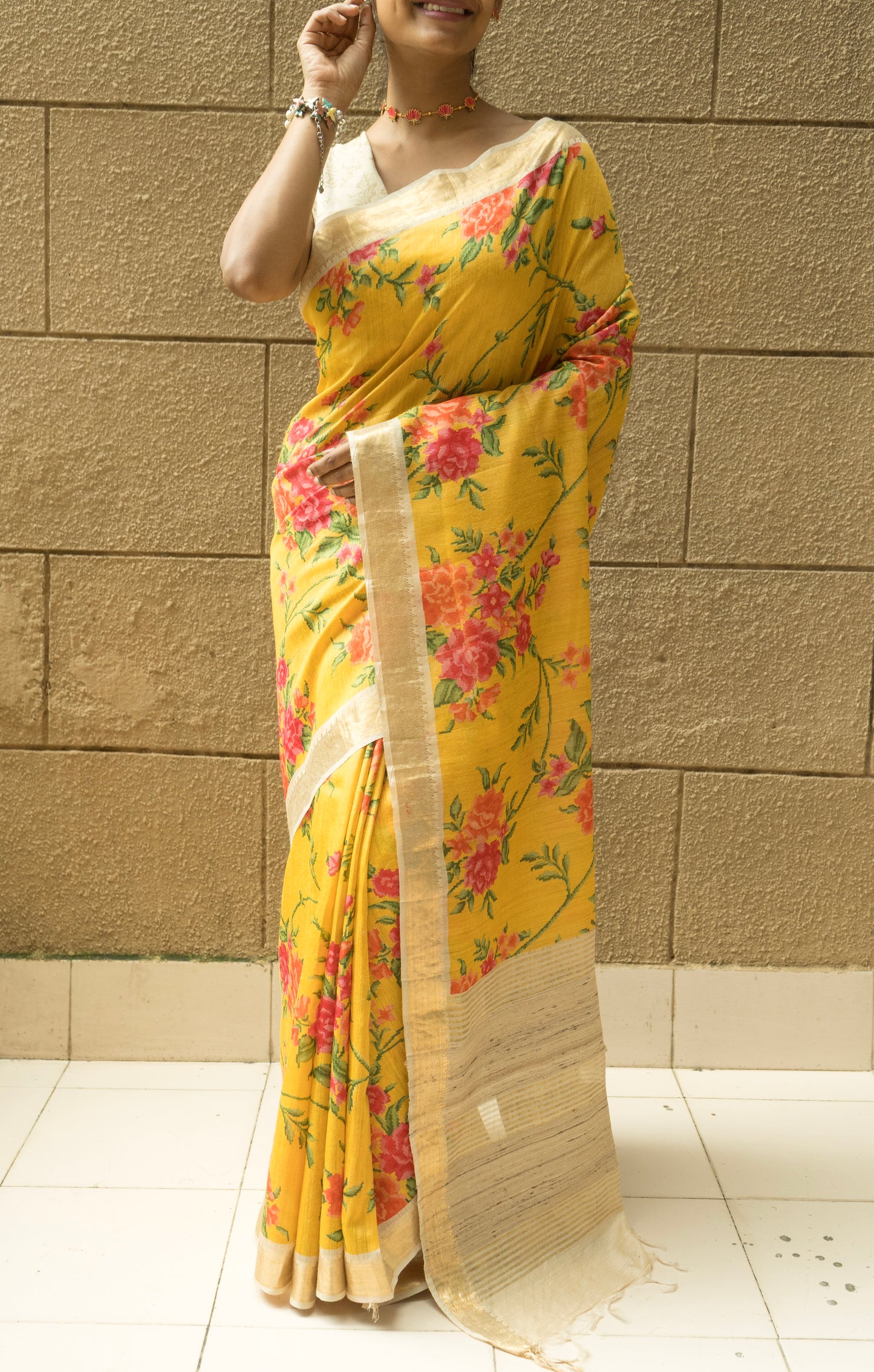 Floral Moonga Printed Yellow Saree